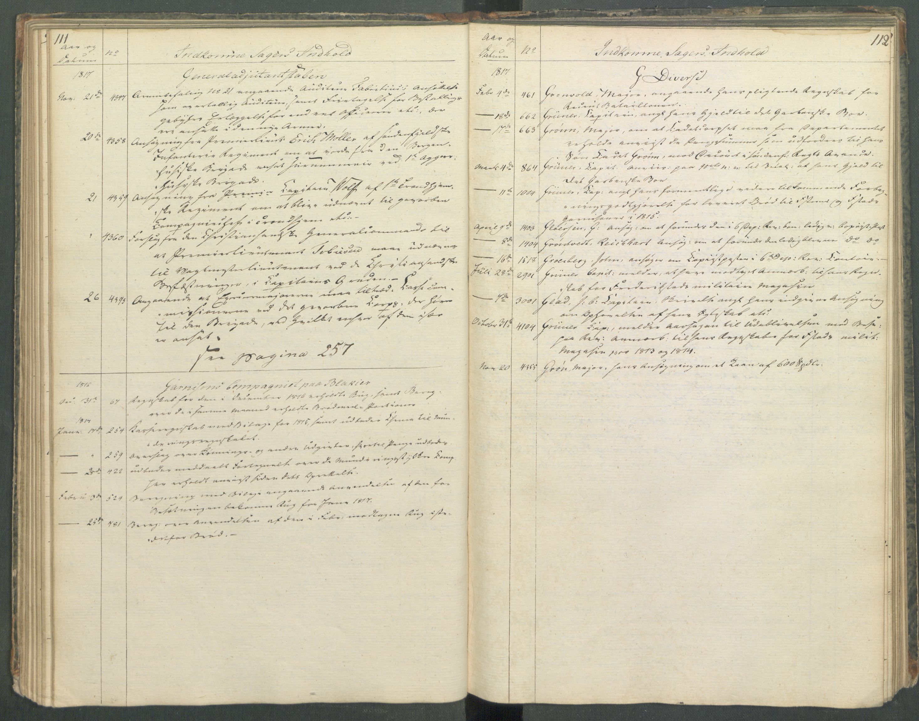 Armédepartementet, RA/RAFA-3493/C/Ca/L0013: 6. Departements register over innkomne saker, 1817, s. 111-112