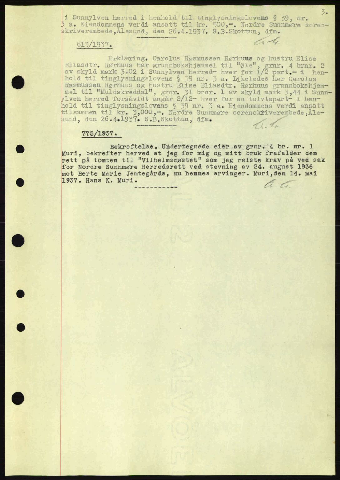 Nordre Sunnmøre sorenskriveri, AV/SAT-A-0006/1/2/2C/2Ca: Pantebok nr. A2, 1936-1937, Dagboknr: 613/1937