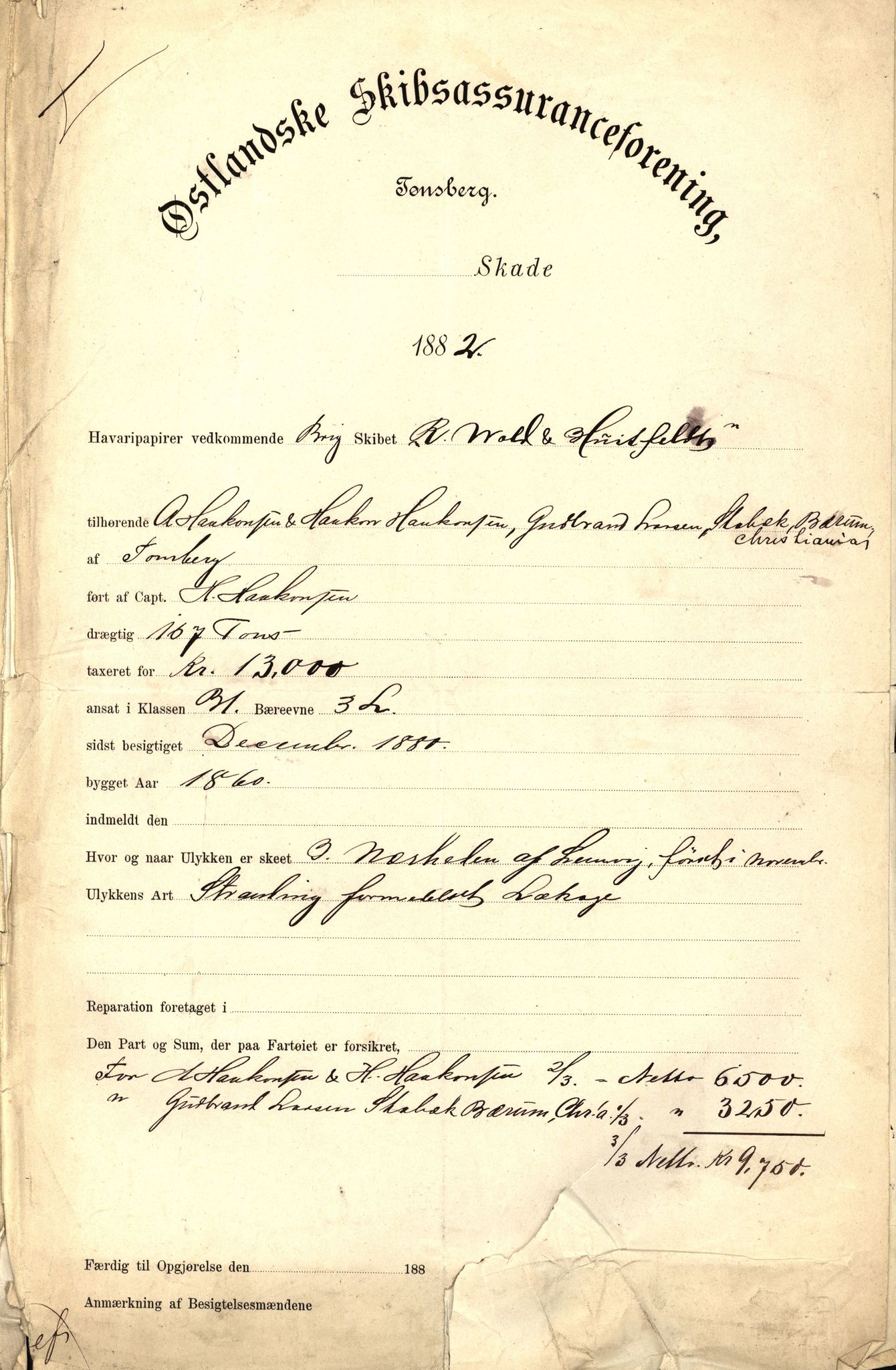 Pa 63 - Østlandske skibsassuranceforening, VEMU/A-1079/G/Ga/L0014/0007: Havaridokumenter / Sjødronningen, R. Wold & Huitfeldt, Activ, 1882, s. 4