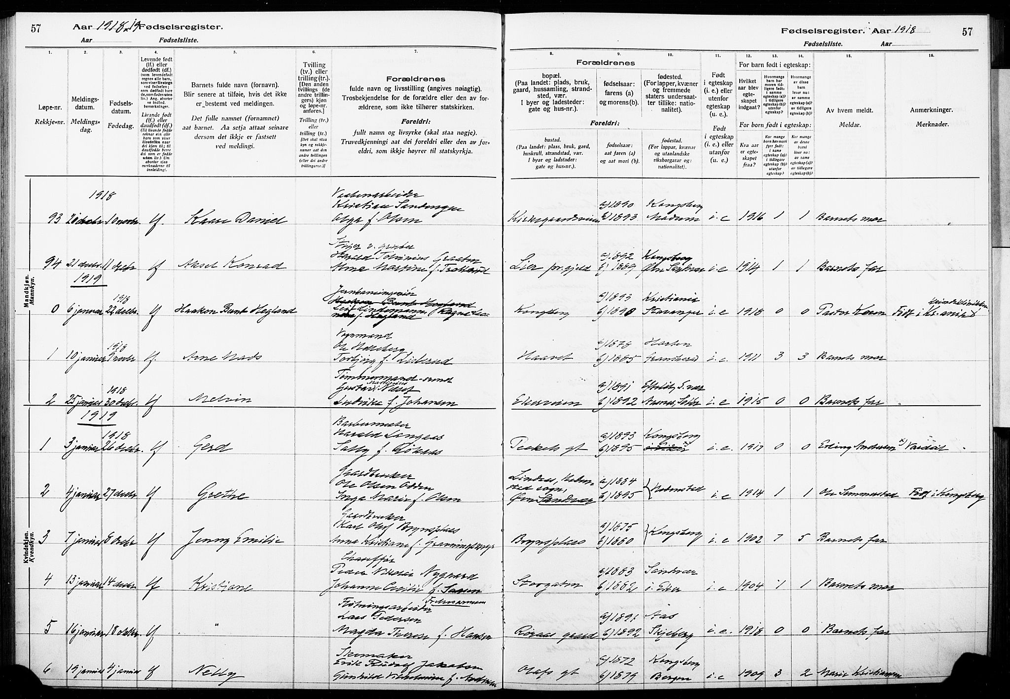 Kongsberg kirkebøker, AV/SAKO-A-22/J/Ja/L0001: Fødselsregister nr. I 1, 1916-1927, s. 57