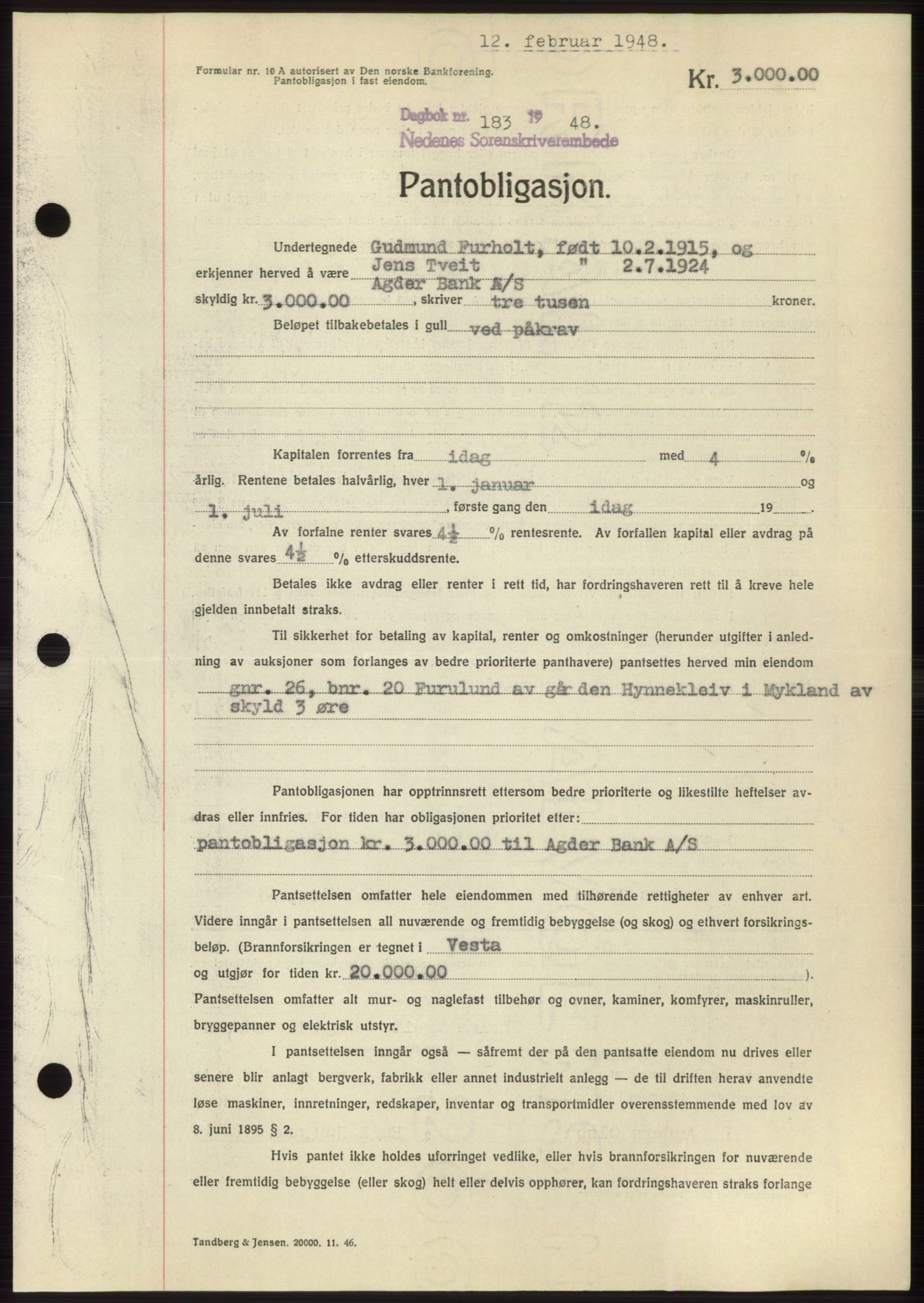 Nedenes sorenskriveri, AV/SAK-1221-0006/G/Gb/Gbb/L0005: Pantebok nr. B5, 1948-1948, Dagboknr: 183/1948