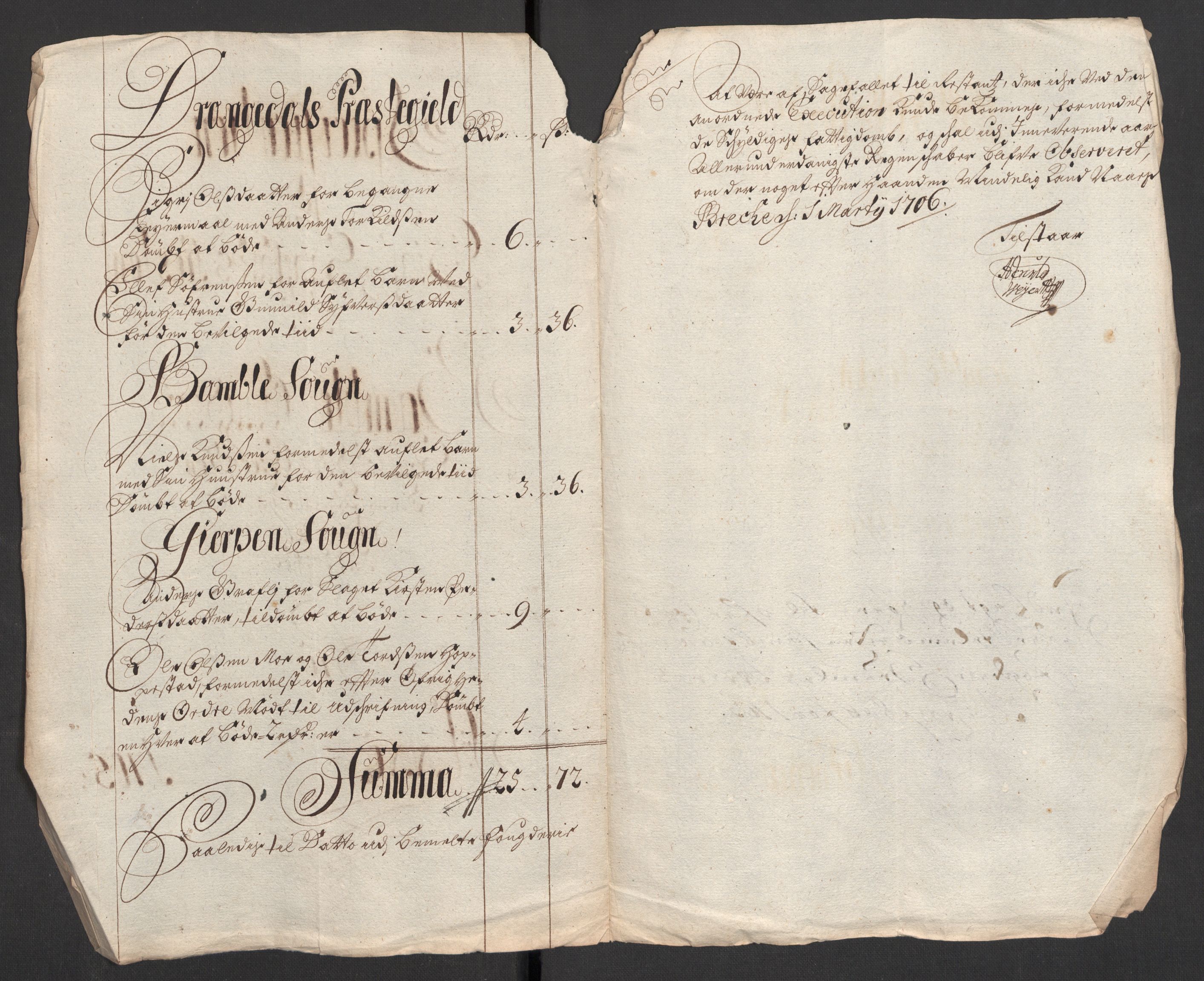 Rentekammeret inntil 1814, Reviderte regnskaper, Fogderegnskap, AV/RA-EA-4092/R36/L2114: Fogderegnskap Øvre og Nedre Telemark og Bamble, 1705, s. 26