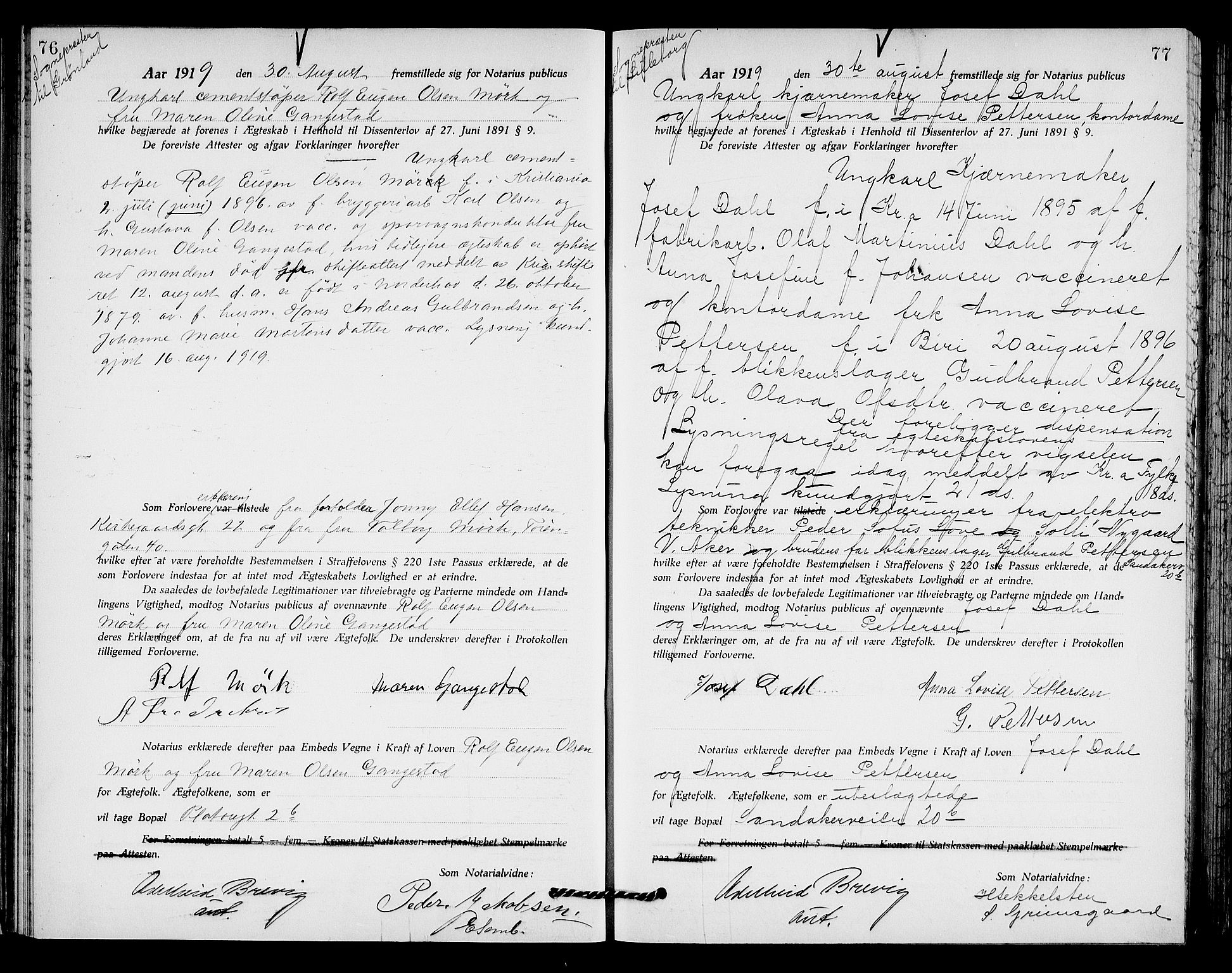 Oslo byfogd avd. I, AV/SAO-A-10220/L/Lb/Lbb/L0013: Notarialprotokoll, rekke II: Vigsler, 1919-1920, s. 76-77