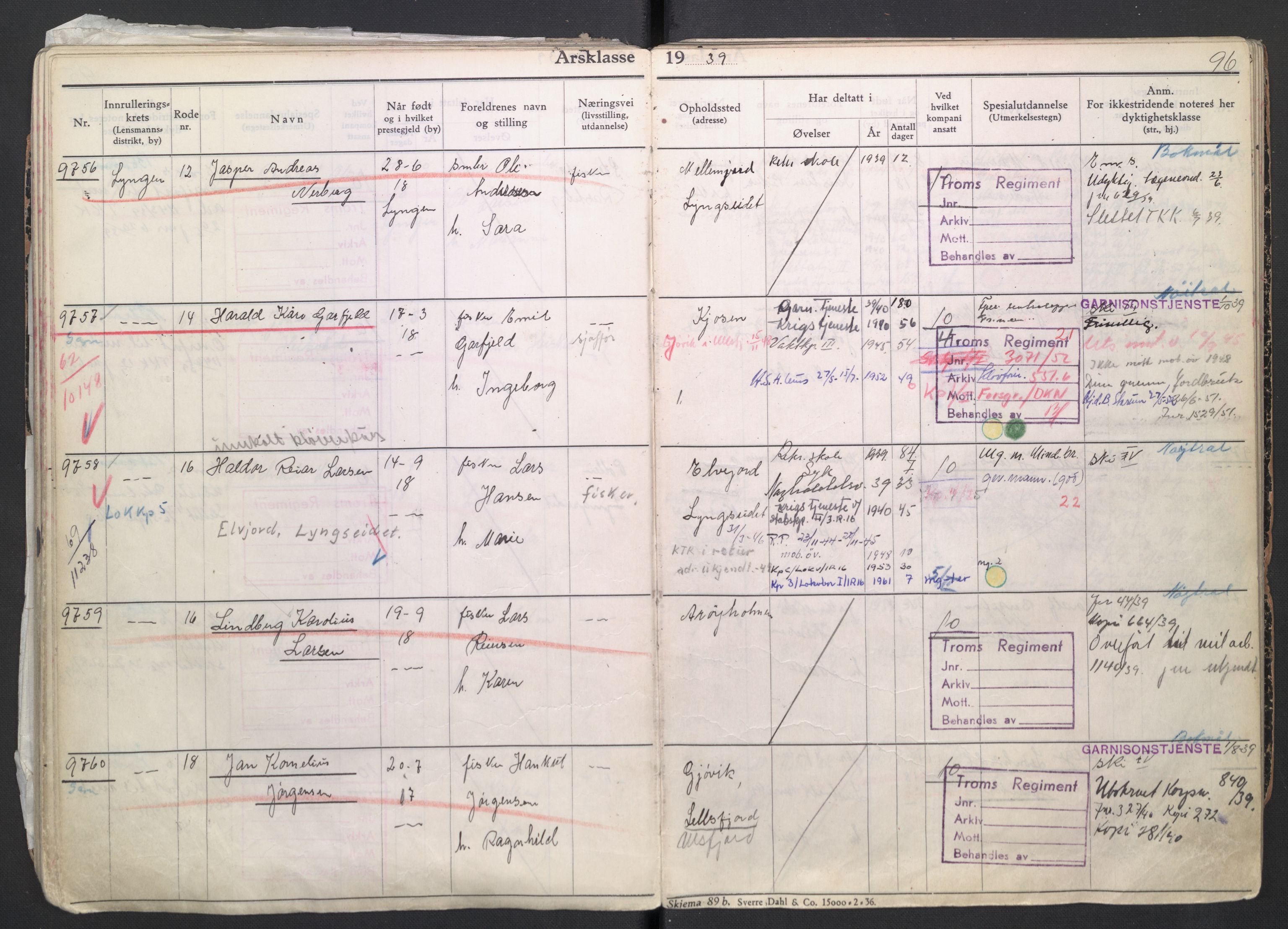 Forsvaret, Troms infanteriregiment nr. 16, AV/RA-RAFA-3146/P/Pa/L0007/0004: Ruller / Rulle for regimentets menige mannskaper, årsklasse 1939, 1939, s. 96