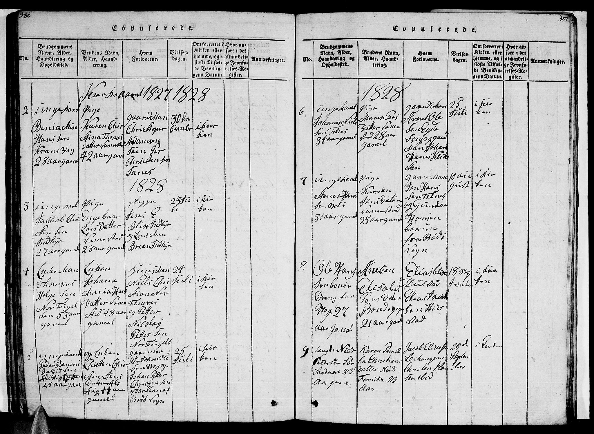 Ministerialprotokoller, klokkerbøker og fødselsregistre - Nordland, AV/SAT-A-1459/805/L0105: Klokkerbok nr. 805C01, 1820-1839, s. 386-387