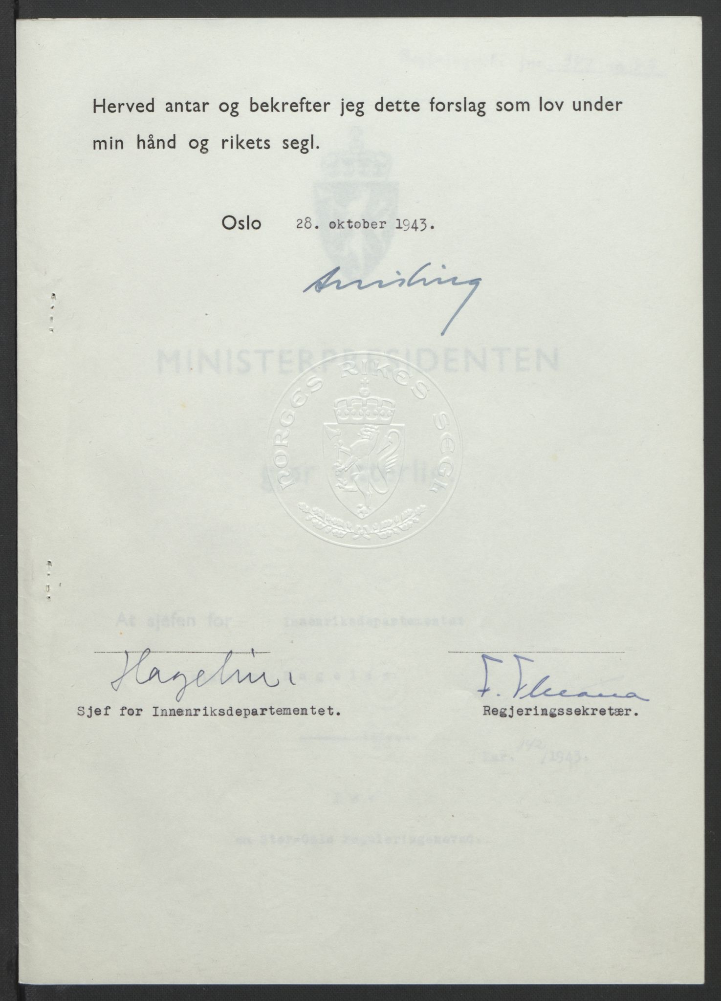 NS-administrasjonen 1940-1945 (Statsrådsekretariatet, de kommisariske statsråder mm), AV/RA-S-4279/D/Db/L0099: Lover, 1943, s. 664