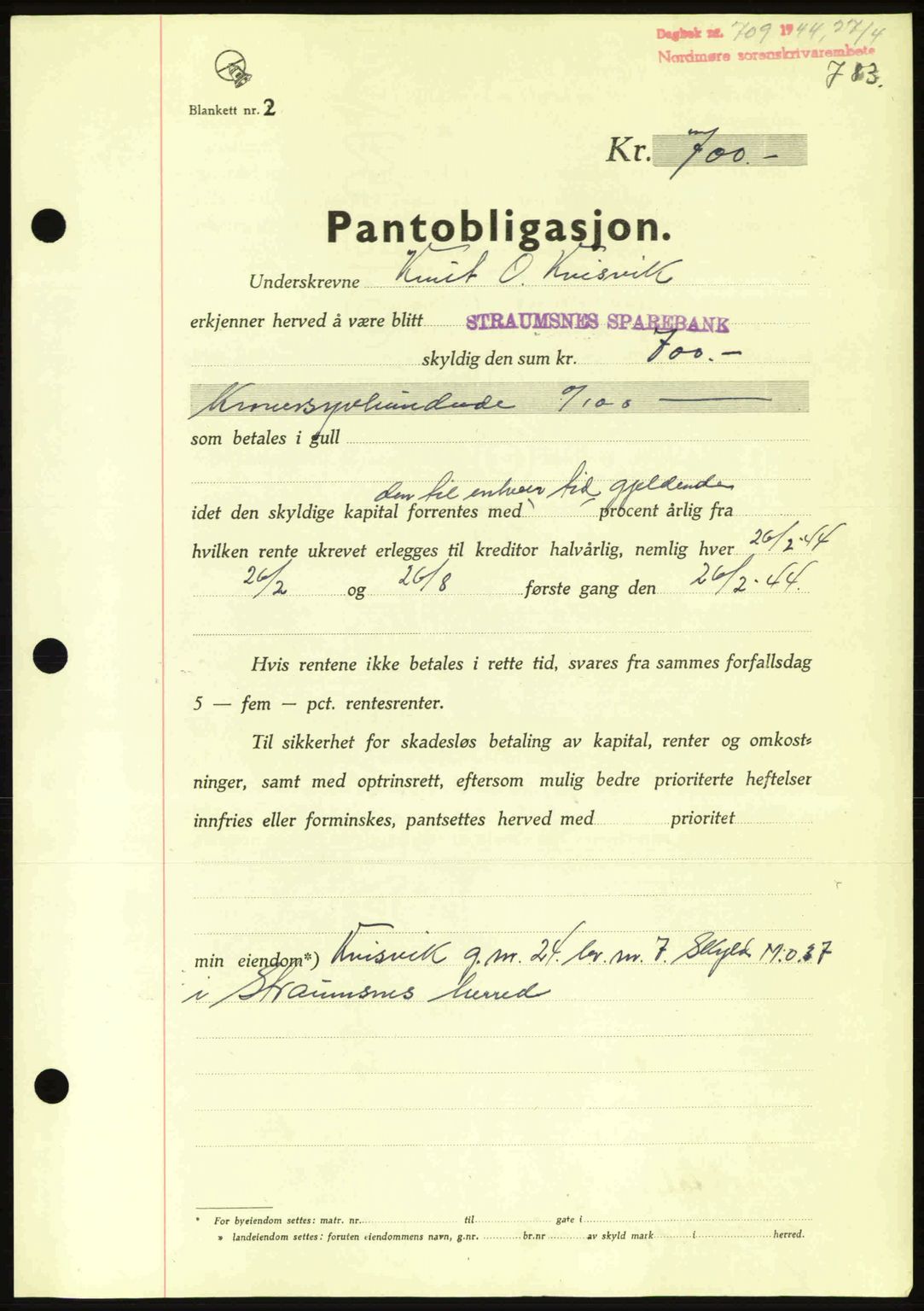 Nordmøre sorenskriveri, AV/SAT-A-4132/1/2/2Ca: Pantebok nr. B91, 1943-1944, Dagboknr: 709/1944