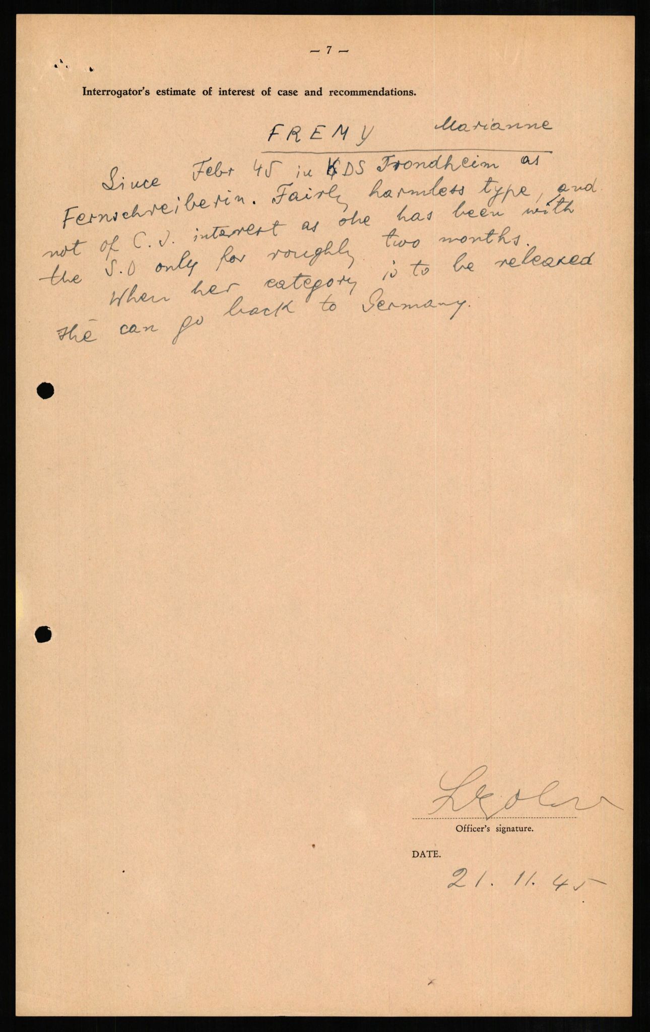 Forsvaret, Forsvarets overkommando II, AV/RA-RAFA-3915/D/Db/L0008: CI Questionaires. Tyske okkupasjonsstyrker i Norge. Tyskere., 1945-1946, s. 322