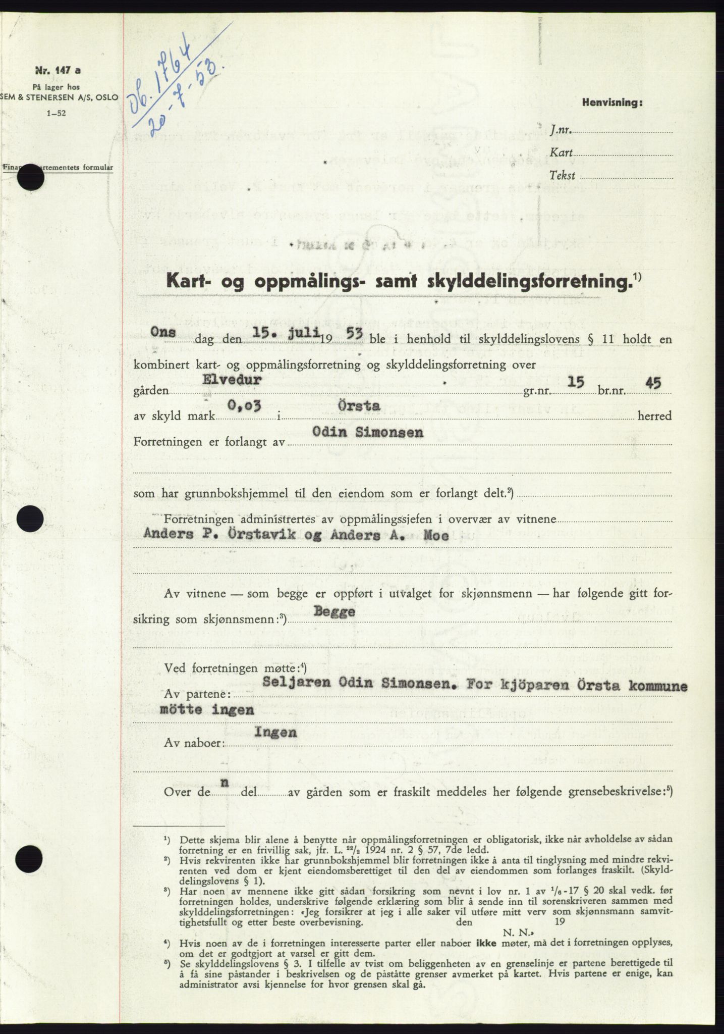 Søre Sunnmøre sorenskriveri, AV/SAT-A-4122/1/2/2C/L0095: Pantebok nr. 21A, 1953-1953, Dagboknr: 1764/1953