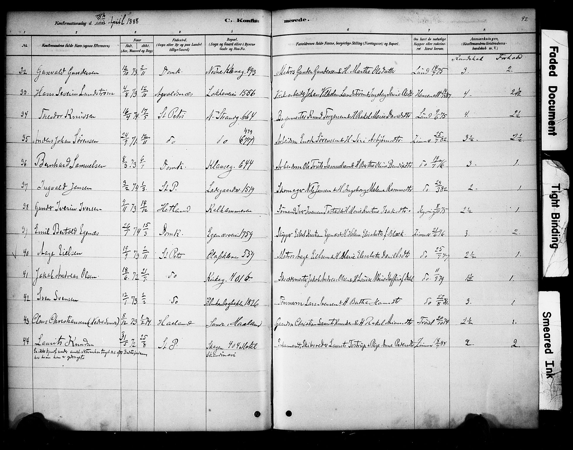 Domkirken sokneprestkontor, AV/SAST-A-101812/001/30/30BA/L0028: Ministerialbok nr. A 27, 1878-1896, s. 92