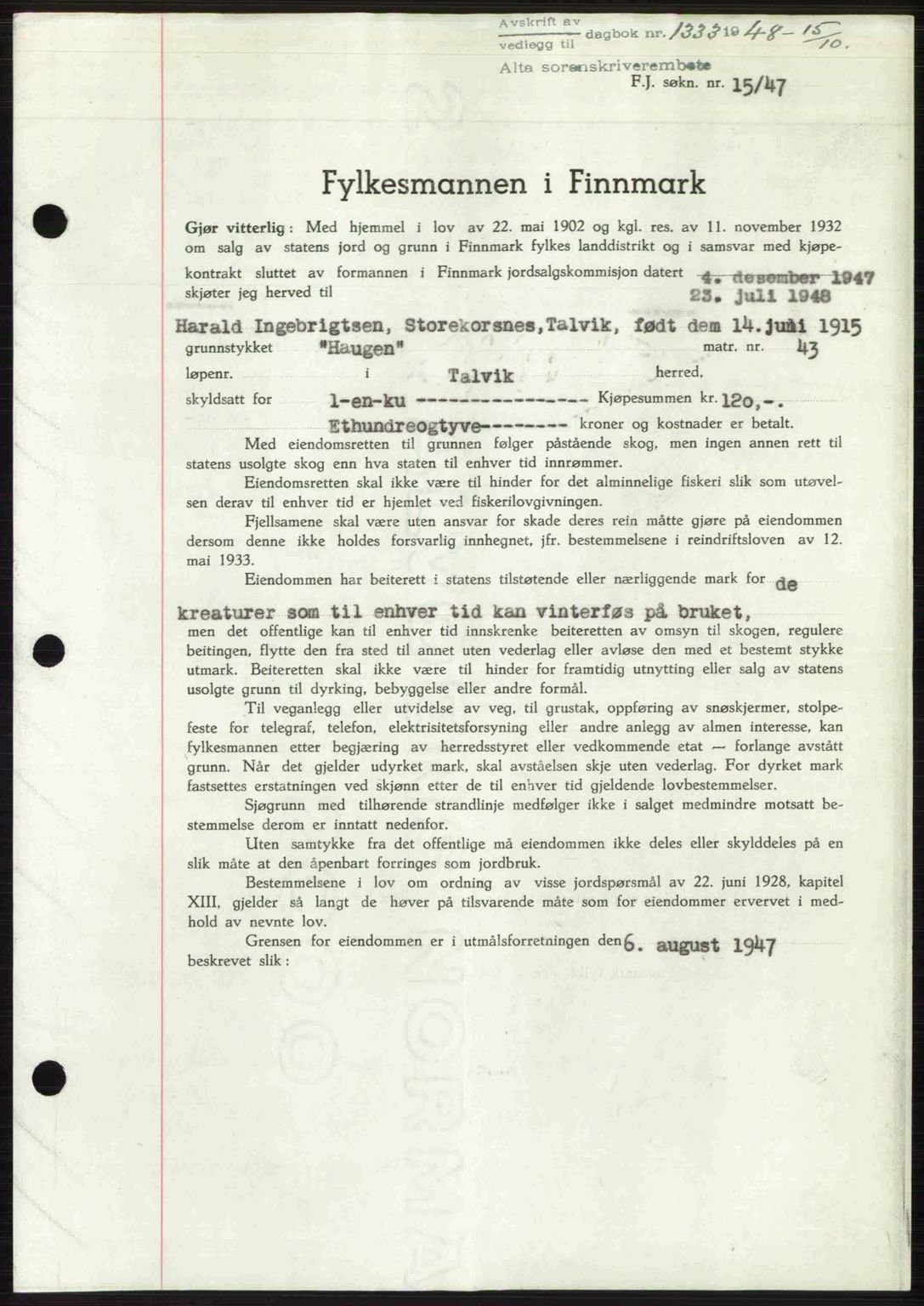 Alta fogderi/sorenskriveri, SATØ/SATØ-5/1/K/Kd/L0037pantebok: Pantebok nr. 39-40, 1948-1949, Dagboknr: 1333/1948