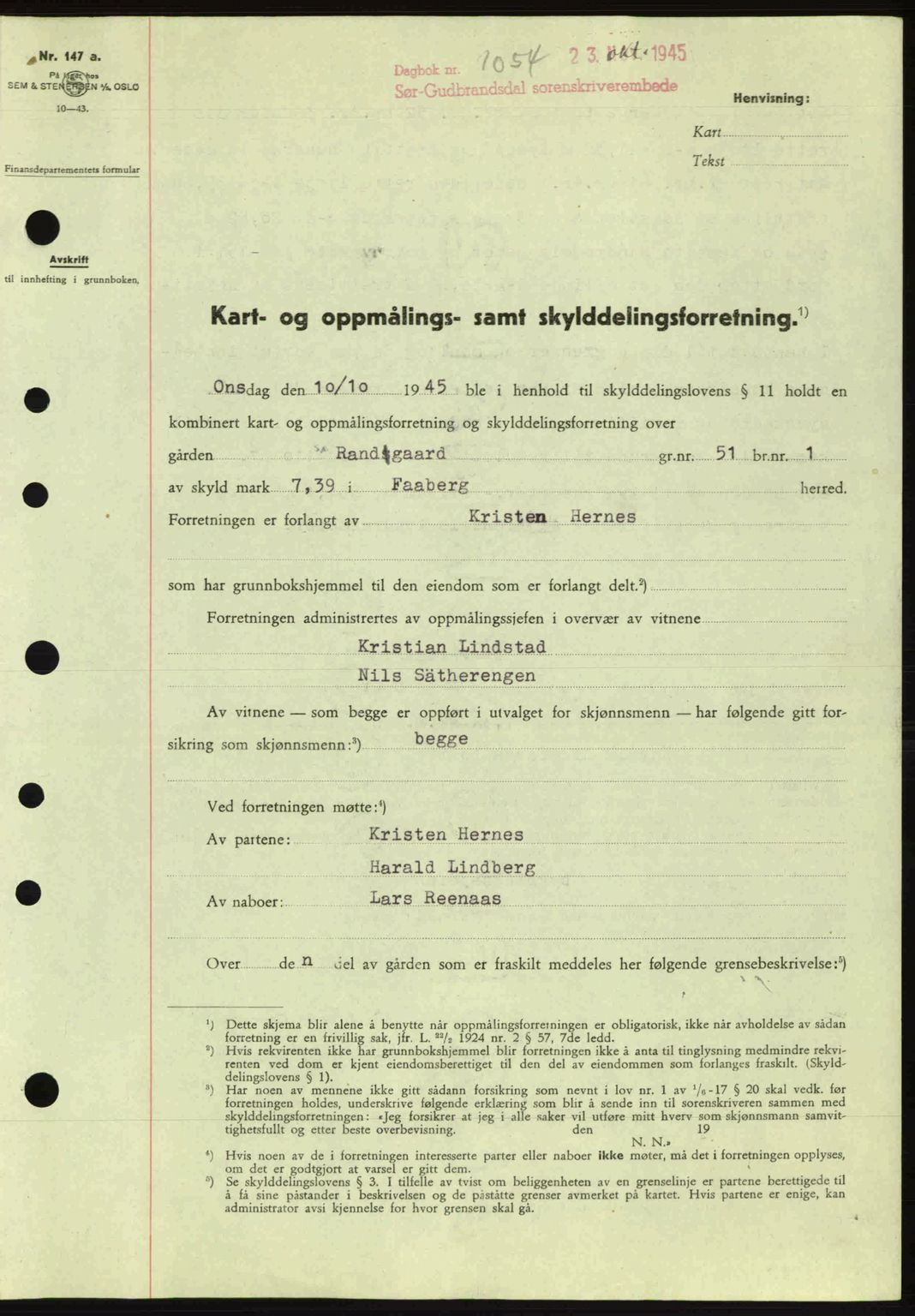 Sør-Gudbrandsdal tingrett, SAH/TING-004/H/Hb/Hbd/L0014: Pantebok nr. A14, 1944-1945, Dagboknr: 1054/1945