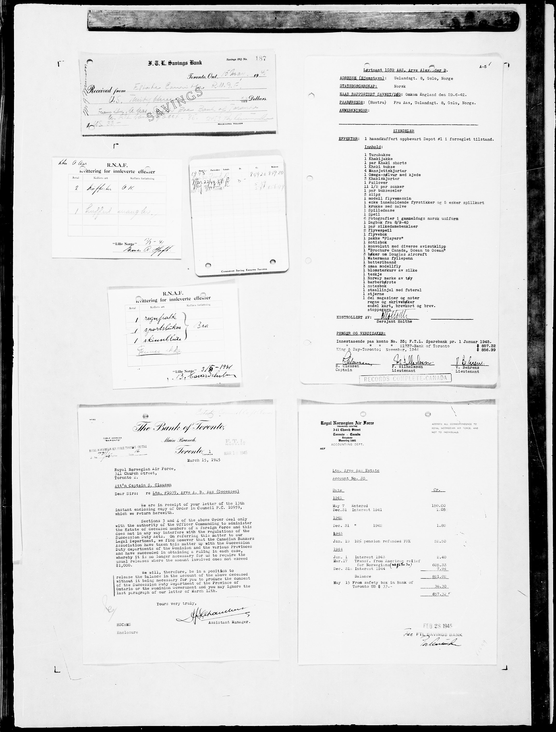 Forsvaret, Flyvåpnenes treningsleir 1940-1945, AV/RA-RAFA-3974/V/L0076: Ekspedisjonskontoret.
"Estate File".  Gjelder disponering av avdødes eiendeler., 1940-1945