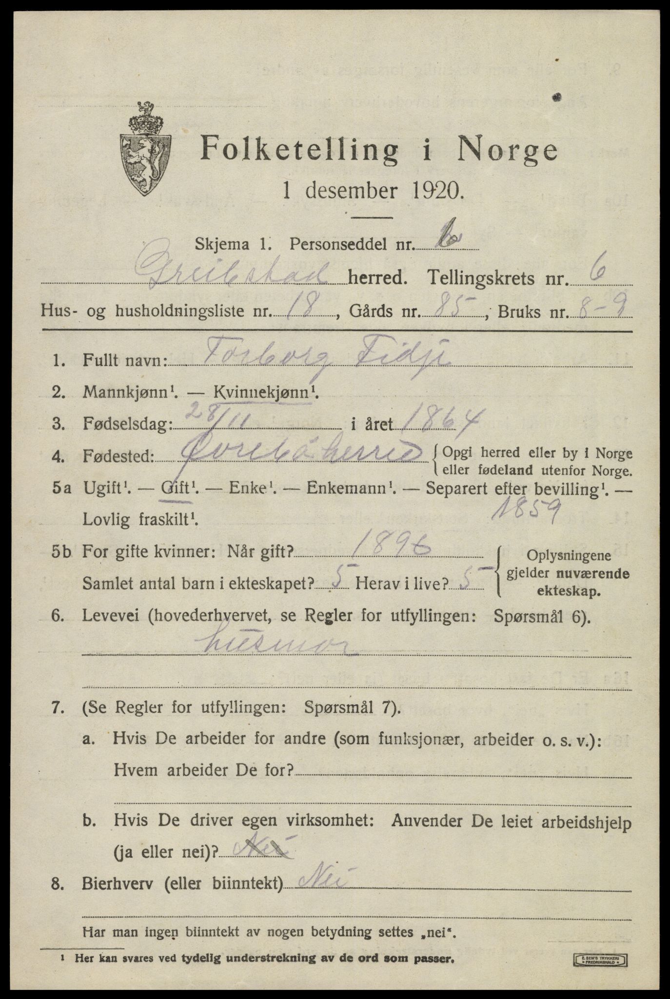 SAK, Folketelling 1920 for 1017 Greipstad herred, 1920, s. 2098