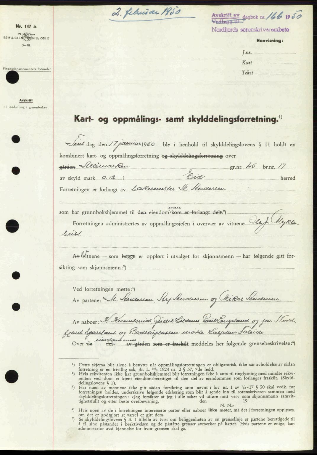 Nordfjord sorenskriveri, SAB/A-2801/02/02b/02bj/L0016a: Pantebok nr. A16 I, 1949-1950, Dagboknr: 166/1950