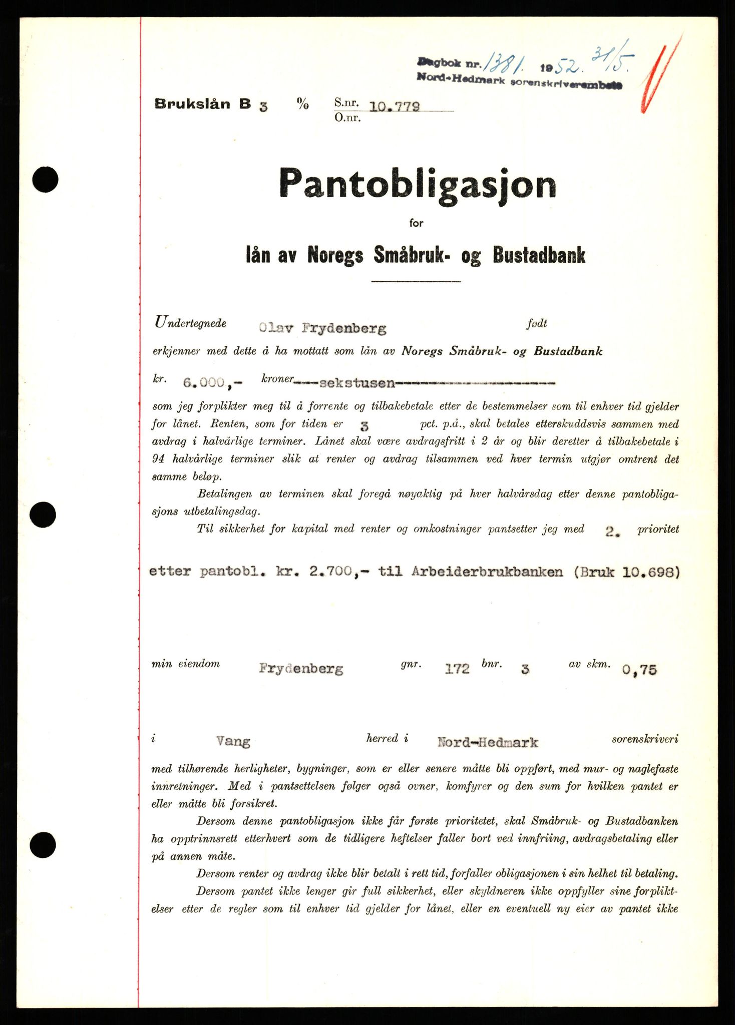 Nord-Hedmark sorenskriveri, SAH/TING-012/H/Hb/Hbf/L0025: Pantebok nr. B25, 1952-1952, Dagboknr: 1381/1952