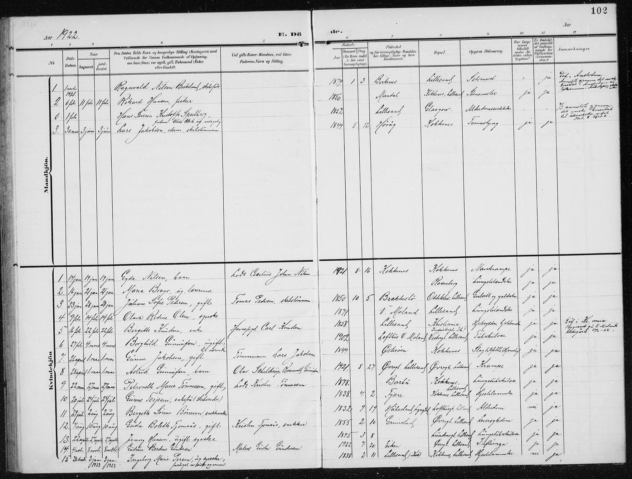 Vestre Moland sokneprestkontor, AV/SAK-1111-0046/F/Fb/Fba/L0002: Klokkerbok nr. B 2, 1904-1934, s. 102