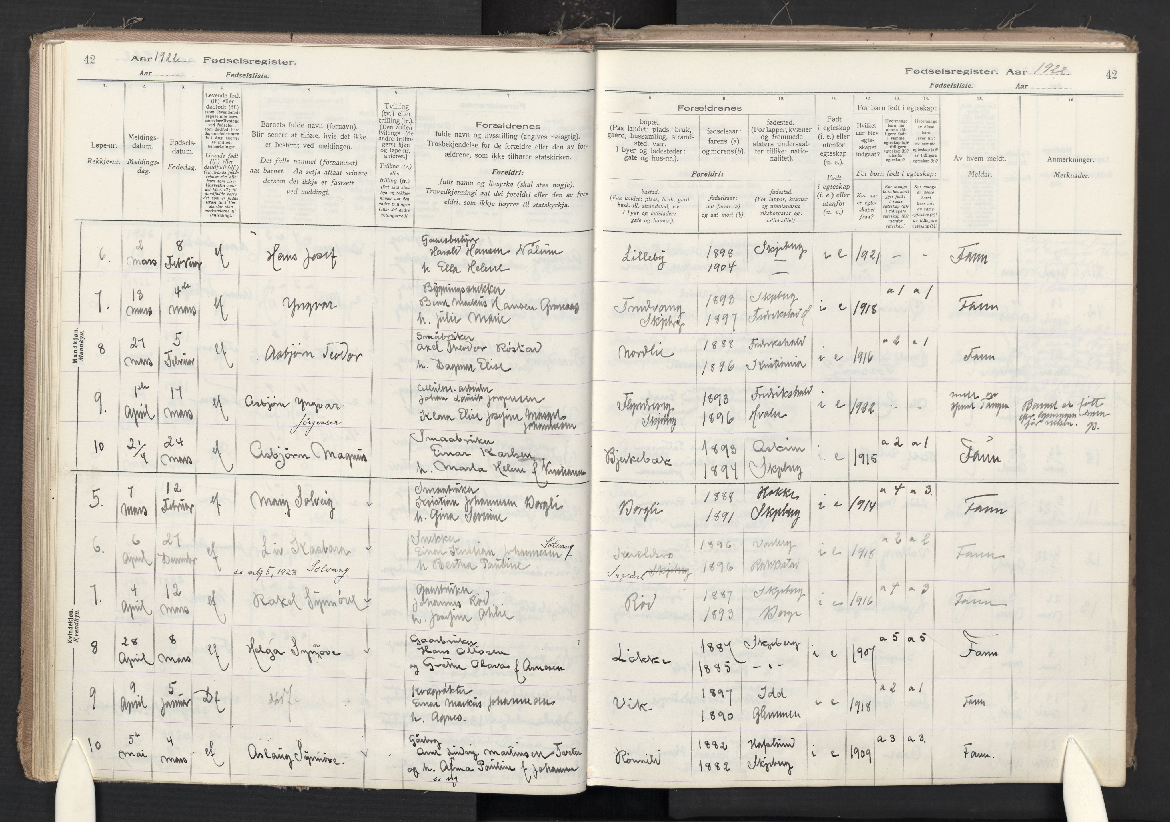 Skjeberg prestekontor Kirkebøker, AV/SAO-A-10923/J/Ja/L0001: Fødselsregister nr. I 1, 1916-1945, s. 42