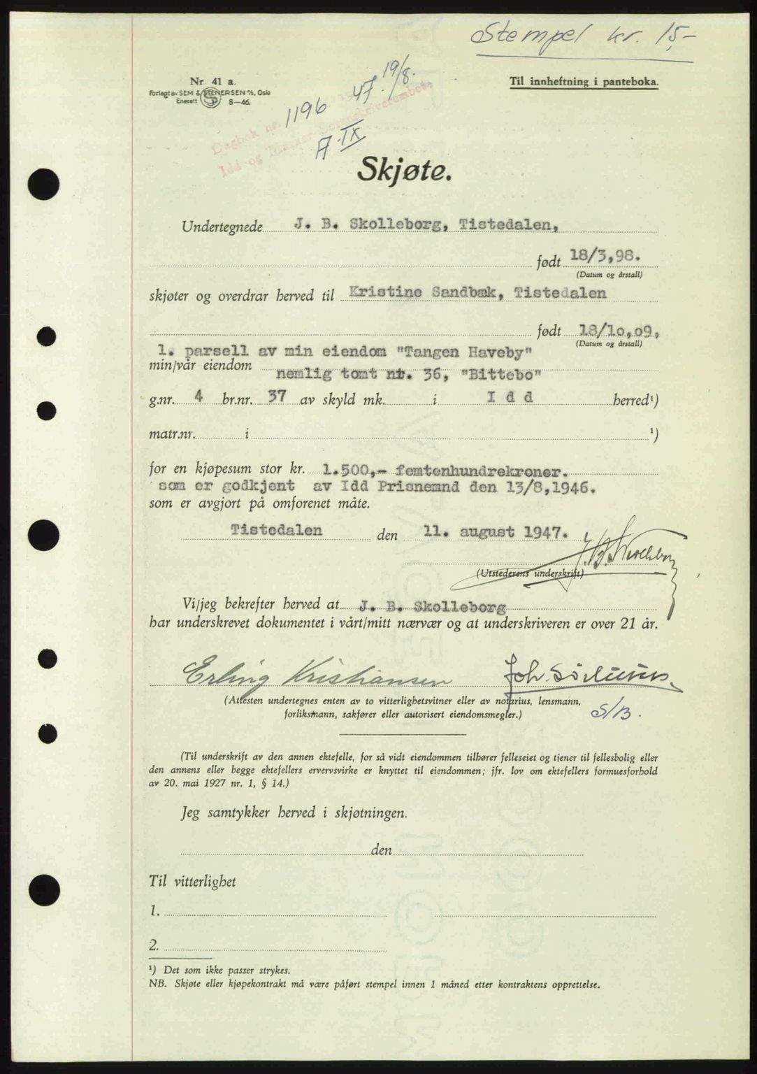 Idd og Marker sorenskriveri, SAO/A-10283/G/Gb/Gbb/L0009: Pantebok nr. A9, 1946-1947, Dagboknr: 1196/1947