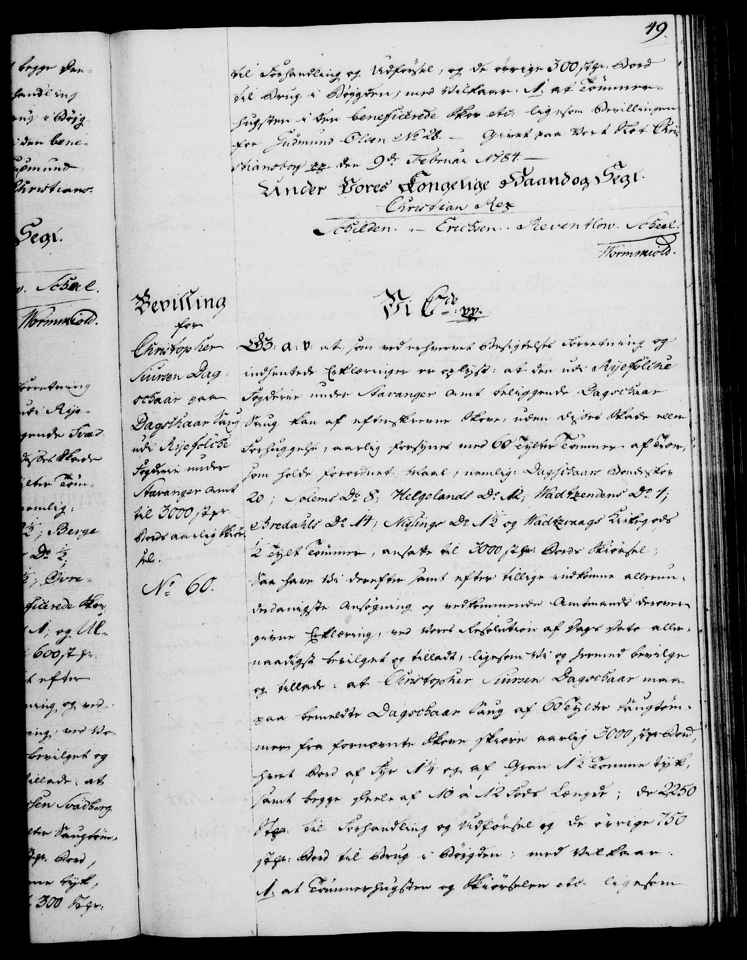 Rentekammeret, Kammerkanselliet, AV/RA-EA-3111/G/Gg/Gga/L0013: Norsk ekspedisjonsprotokoll med register (merket RK 53.13), 1784-1787, s. 49