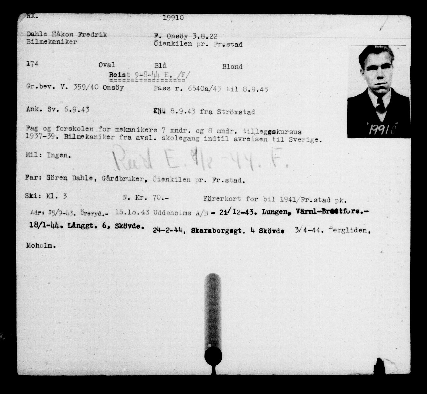Utenriksstasjonene, Legasjonen i Stockholm, Flyktningkontoret, AV/RA-S-6753/V/Va/L0009: Kjesäterkartoteket, flyktninger med registreringsnr. 18502-22048, 1940-1945, s. 1569