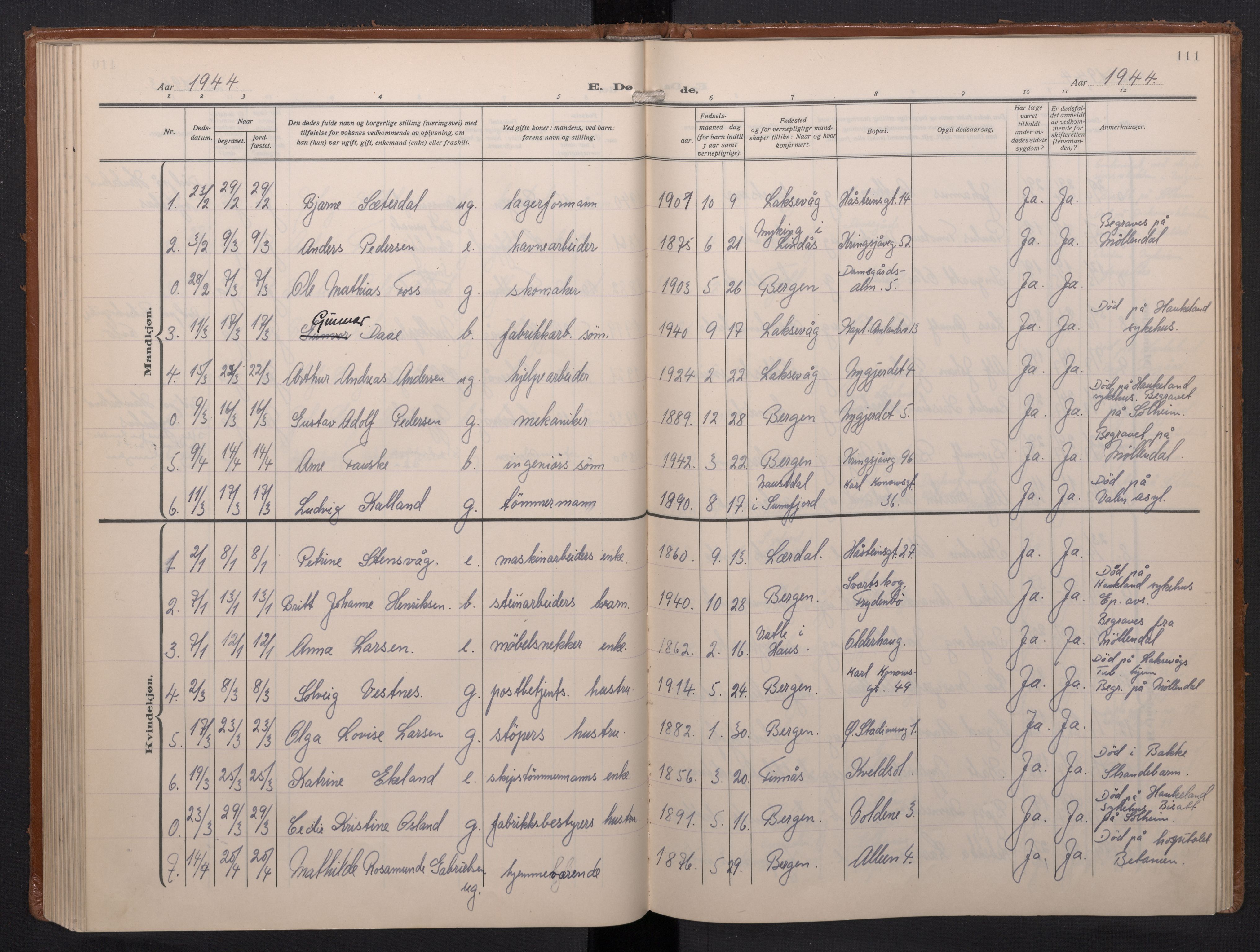 Laksevåg Sokneprestembete, AV/SAB-A-76501/H/Ha/Haa/Haae/L0001: Ministerialbok nr. E 1, 1924-1950, s. 111