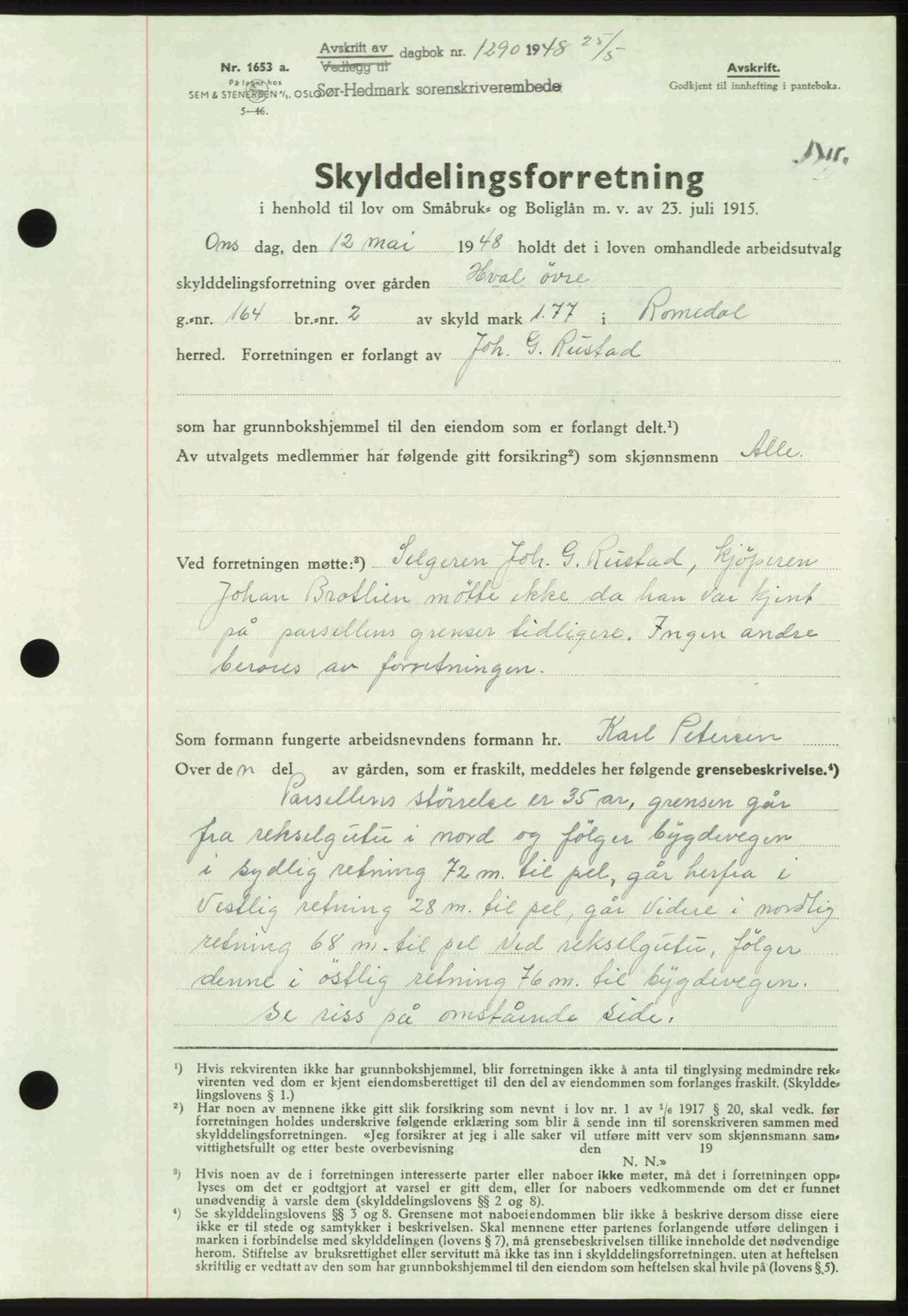 Sør-Hedmark sorenskriveri, AV/SAH-TING-014/H/Hb/Hbd/L0016: Pantebok nr. 16, 1948-1948, Dagboknr: 1290/1948