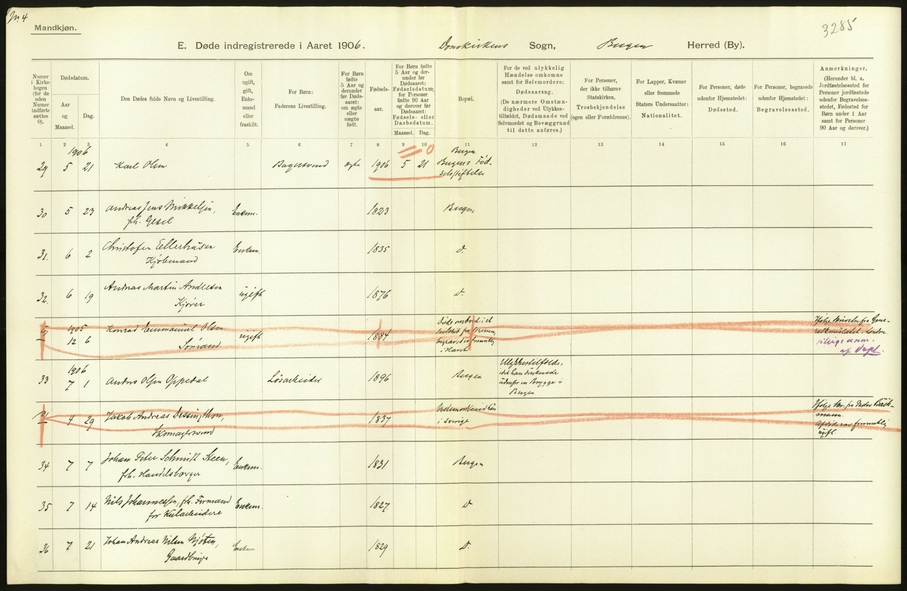 Statistisk sentralbyrå, Sosiodemografiske emner, Befolkning, AV/RA-S-2228/D/Df/Dfa/Dfad/L0032: Bergen: Gifte, døde, dødfødte., 1906, s. 8