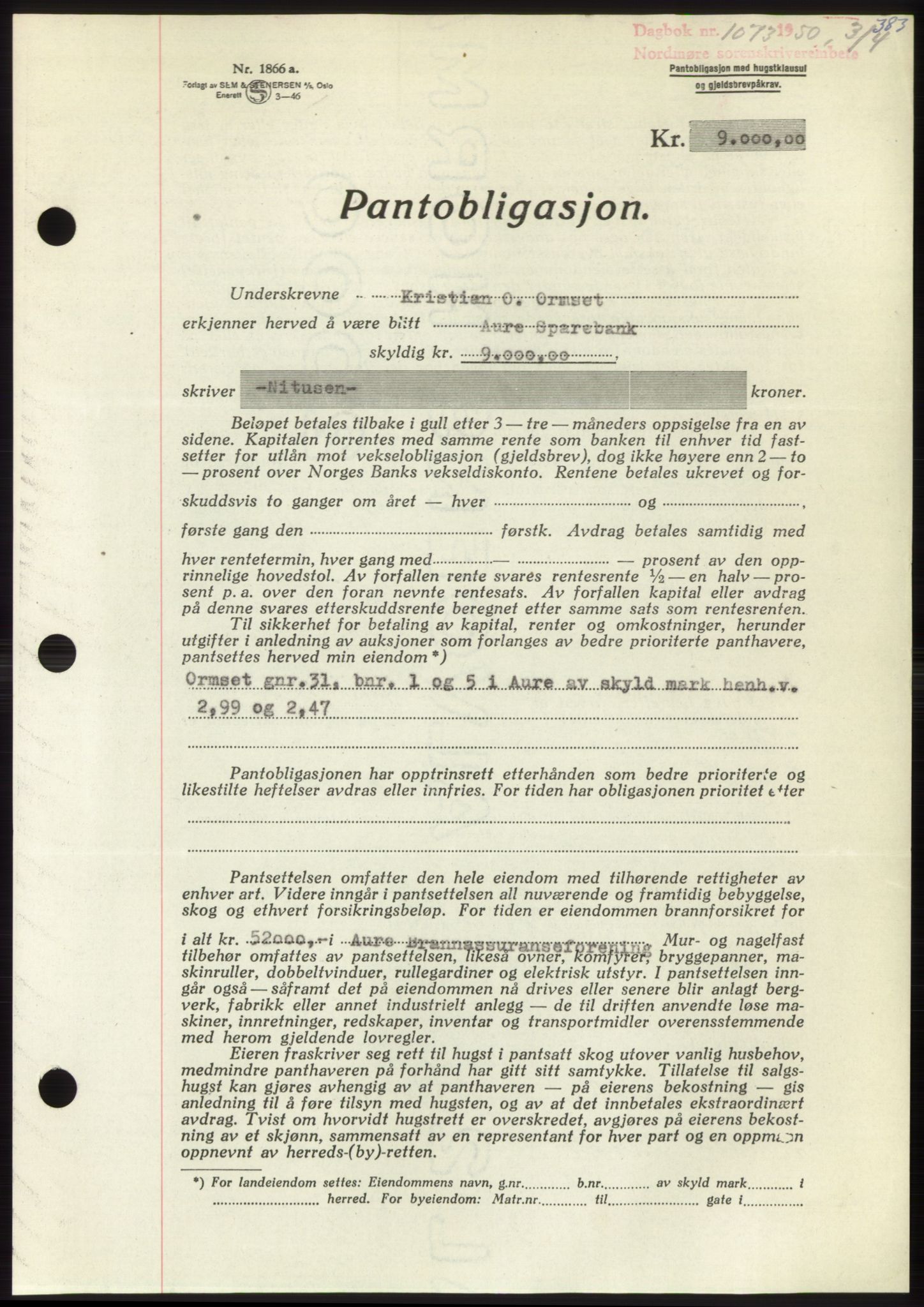 Nordmøre sorenskriveri, SAT/A-4132/1/2/2Ca: Pantebok nr. B104, 1950-1950, Dagboknr: 1073/1950