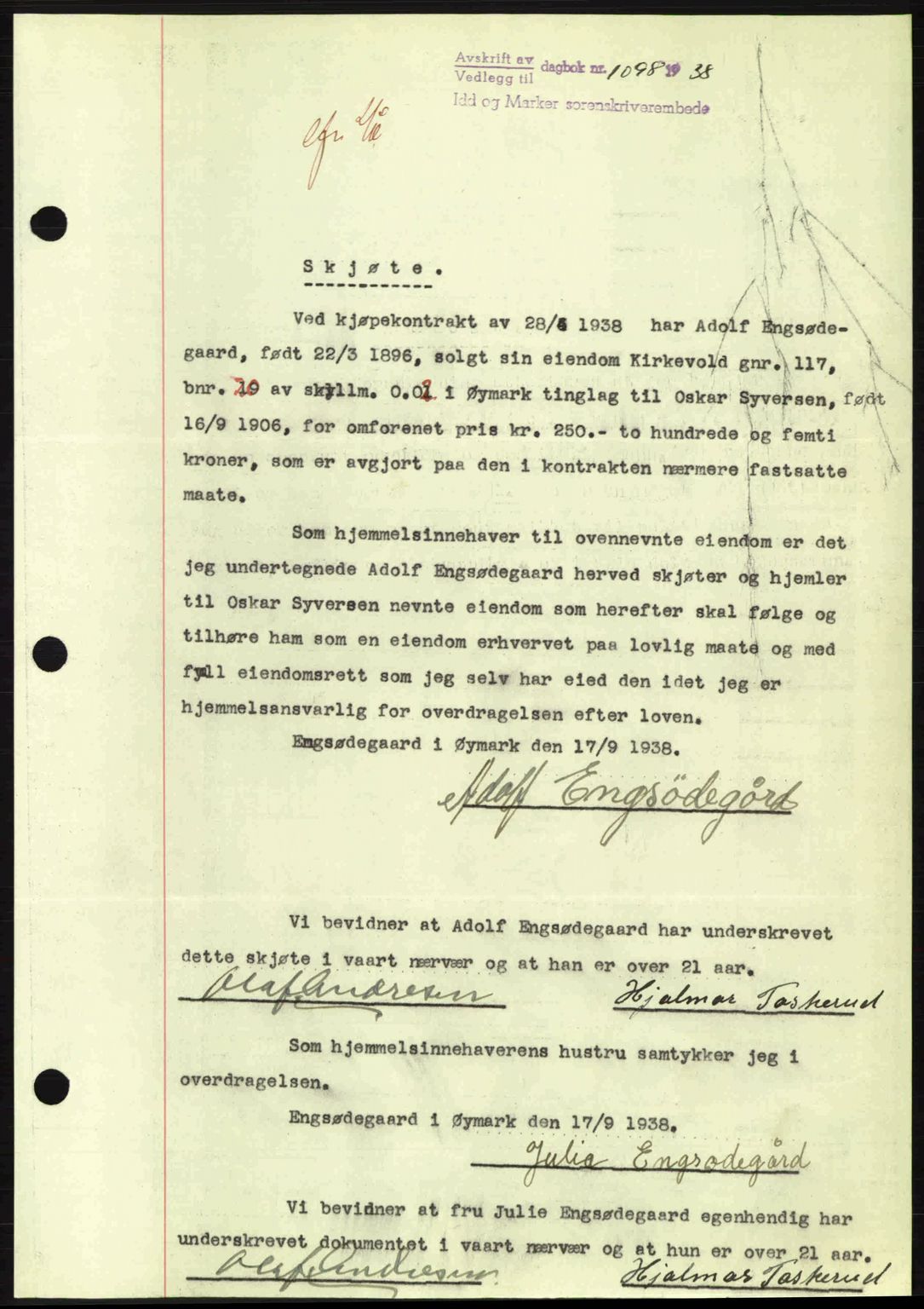 Idd og Marker sorenskriveri, AV/SAO-A-10283/G/Gb/Gbb/L0002: Pantebok nr. A2, 1937-1938, Dagboknr: 1098/1938