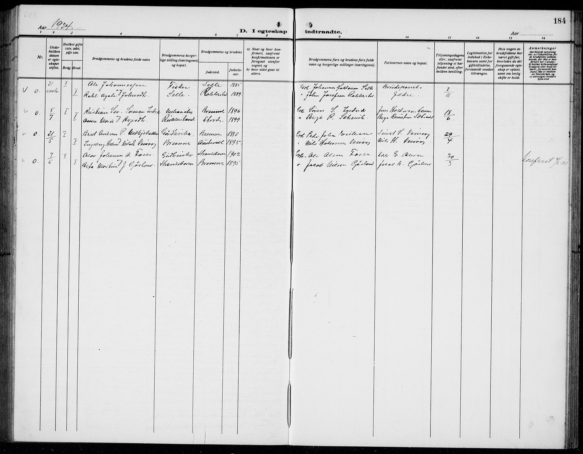 Finnås sokneprestembete, AV/SAB-A-99925/H/Ha/Hab/Habb/L0006: Klokkerbok nr. B 6, 1920-1936, s. 184