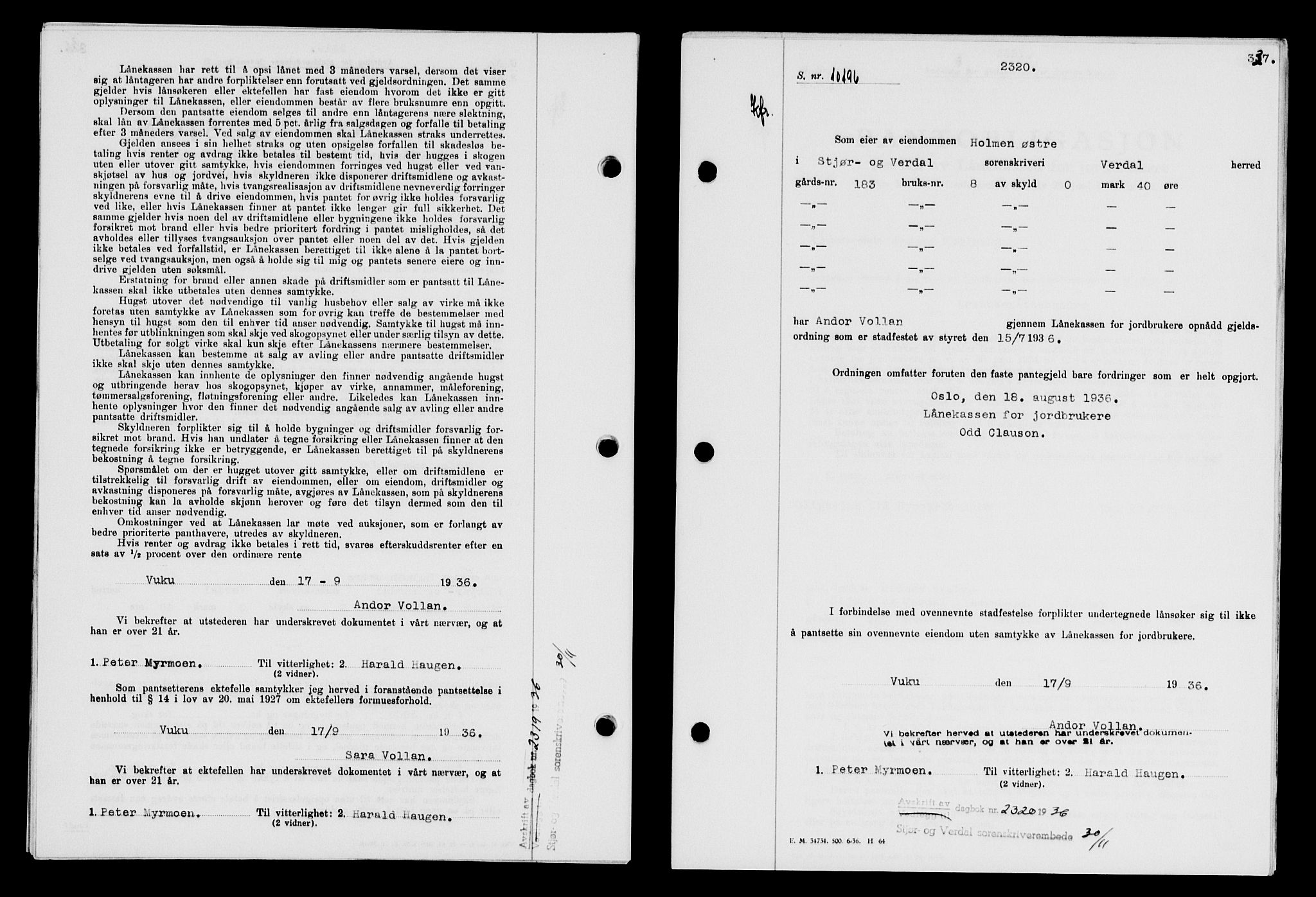 Stjør- og Verdal sorenskriveri, SAT/A-4167/1/2/2C/L0078: Pantebok nr. 46, 1936-1937, Dagboknr: 2320/1936