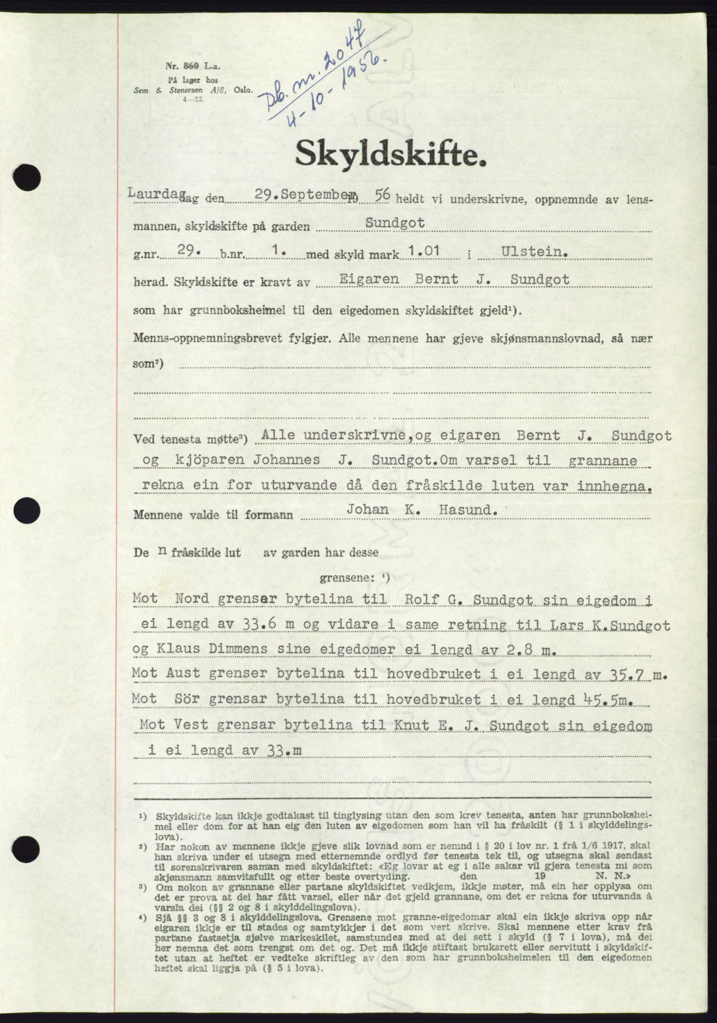 Søre Sunnmøre sorenskriveri, AV/SAT-A-4122/1/2/2C/L0104: Pantebok nr. 30A, 1956-1956, Dagboknr: 2047/1956