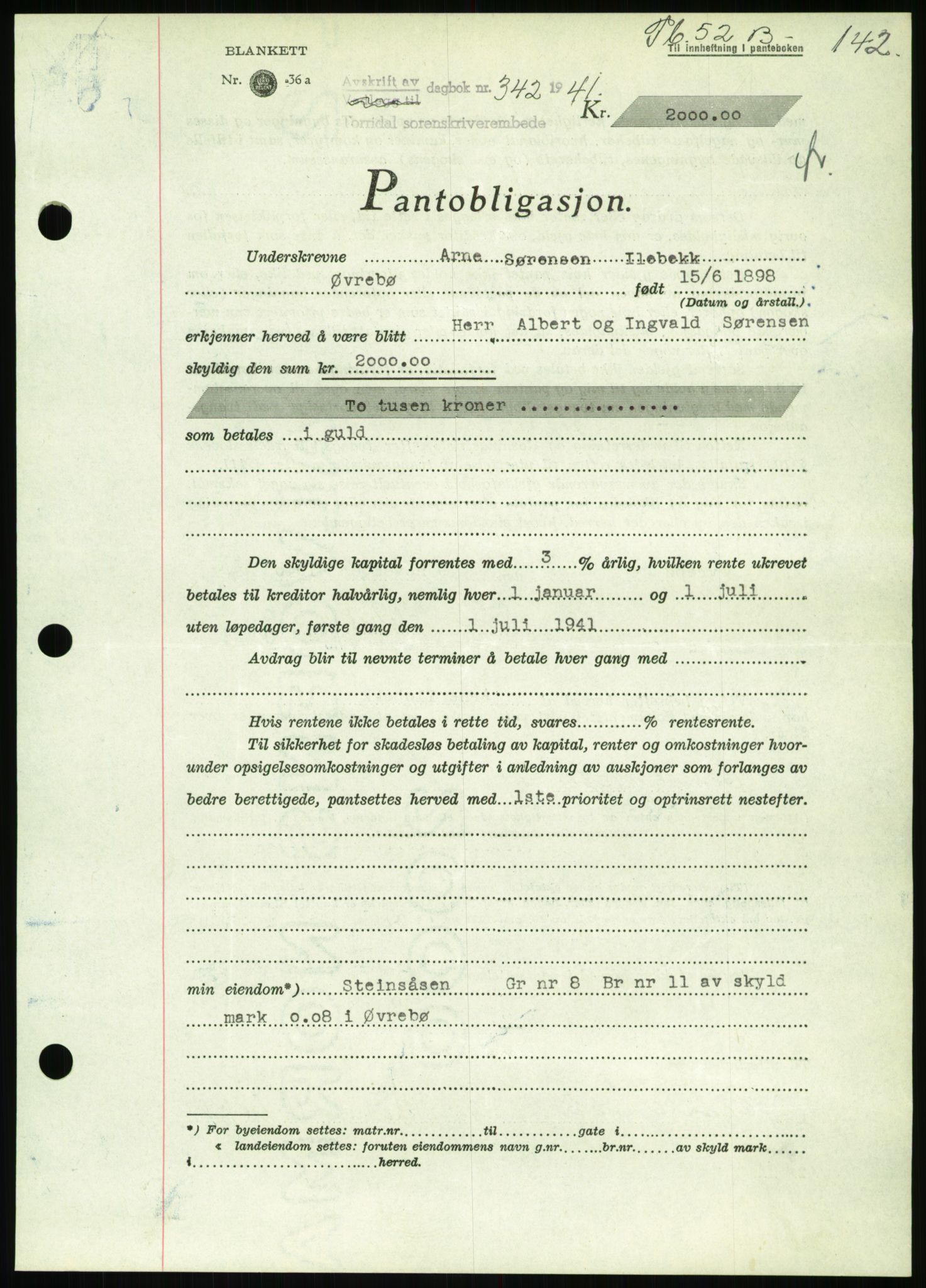 Torridal sorenskriveri, SAK/1221-0012/G/Gb/Gbb/L0008: Pantebok nr. 52b, 1940-1942, Dagboknr: 342/1941