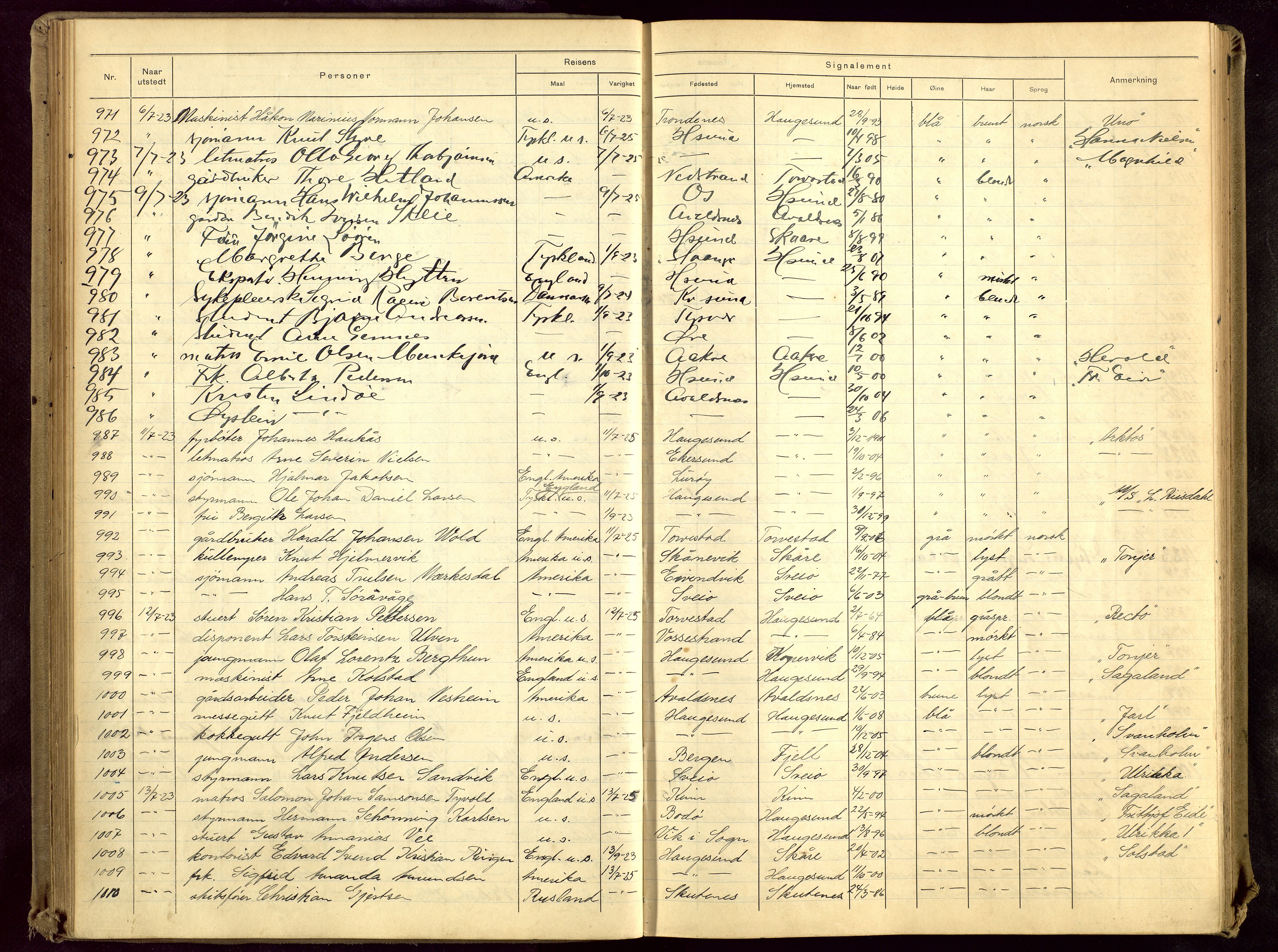 Haugesund politikammer, AV/SAST-A-100440/K/L0003: Passprotokoll 7/8-22-1/3-27, 1922-1927, s. 44