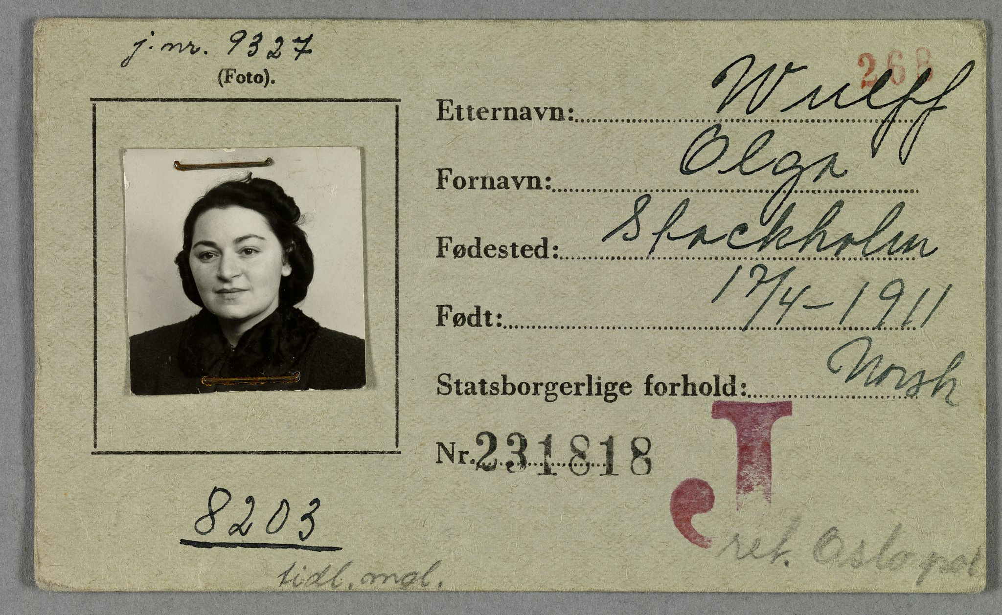 Sosialdepartementet, Våre Falne, RA/S-1708/E/Ee/L0021A: Fotografier av jøder på legitimasjonskort (1941-42), 1941-1942, s. 335