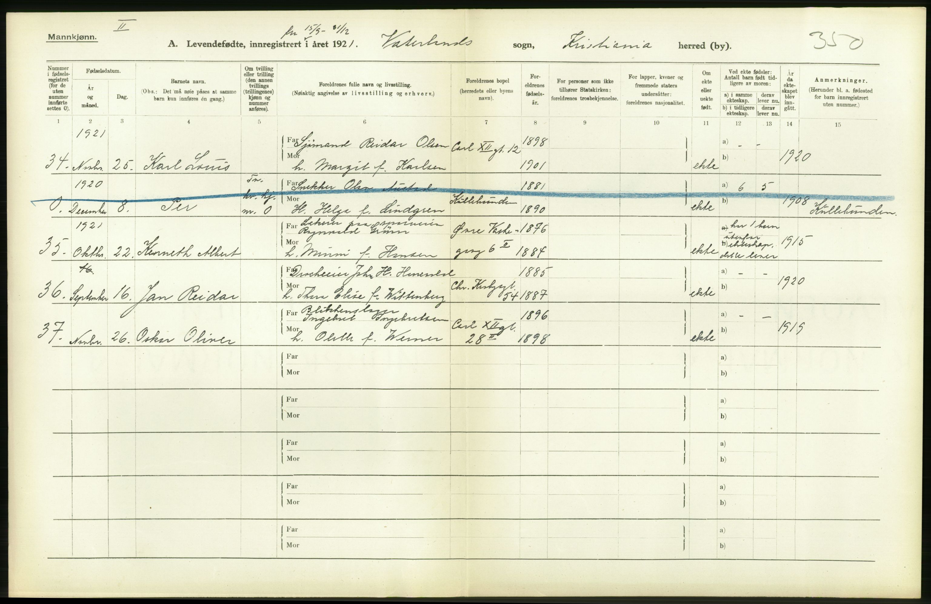 Statistisk sentralbyrå, Sosiodemografiske emner, Befolkning, RA/S-2228/D/Df/Dfc/Dfca/L0009: Kristiania: Levendefødte menn og kvinner., 1921, s. 258