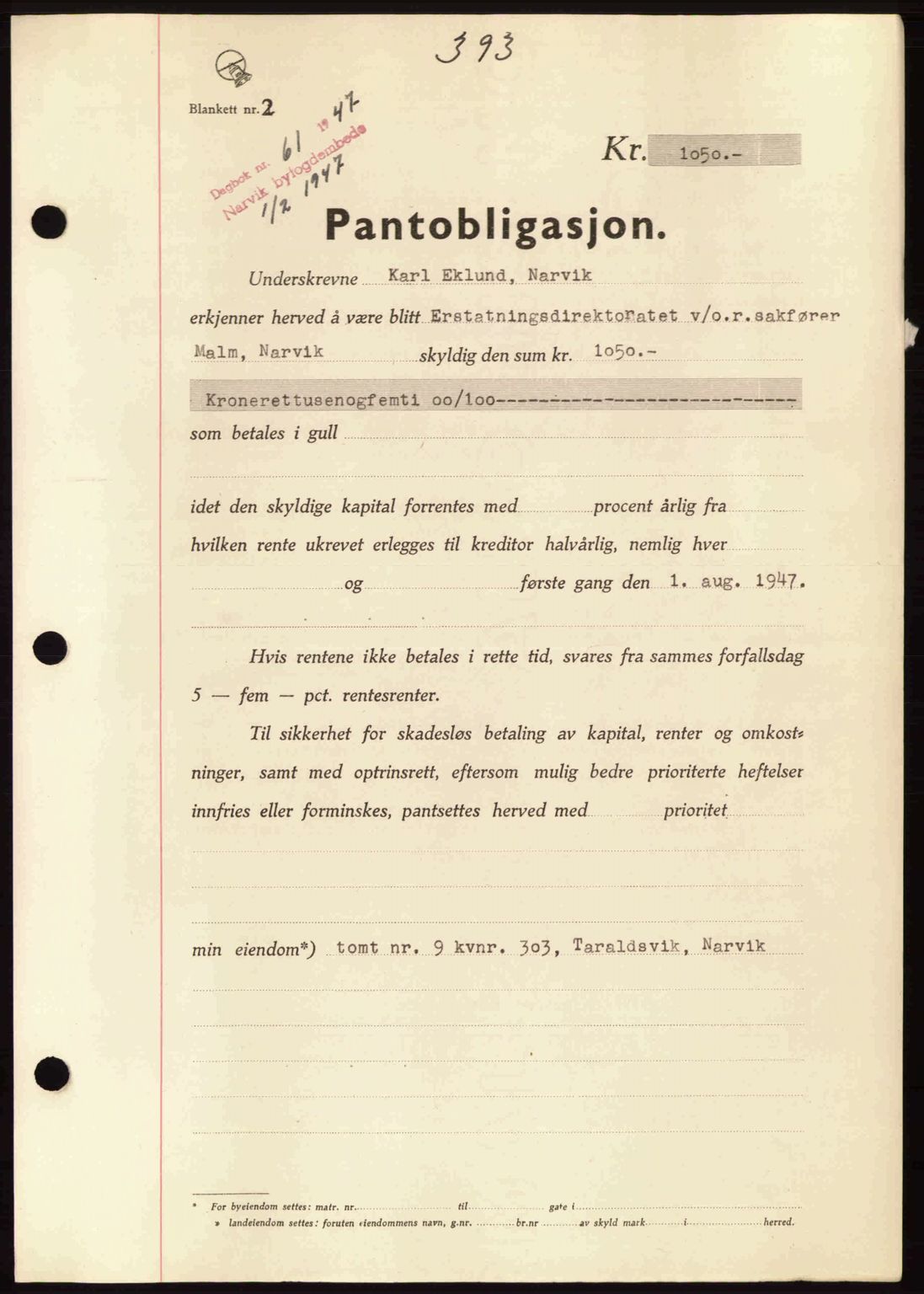 Narvik sorenskriveri, SAT/A-0002/1/2/2C/2Ca: Pantebok nr. A21, 1946-1947, Dagboknr: 61/1947
