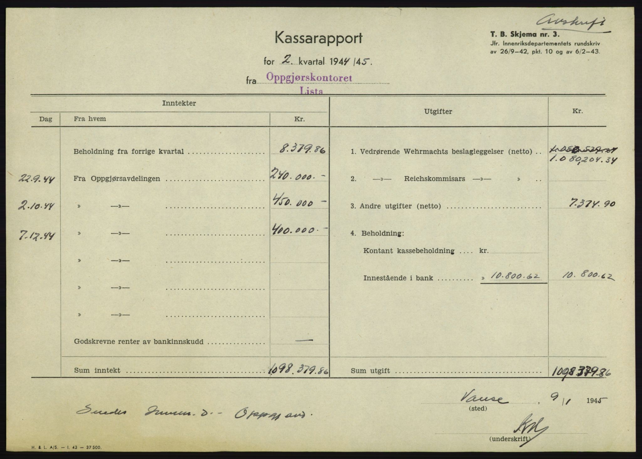 Forsvarsdepartementet, 10. kontor / Oppgjørskontoret, AV/RA-RAFA-1225/D/Db/L0180: Lista oppgjørskontor, 1942-1952, s. 141