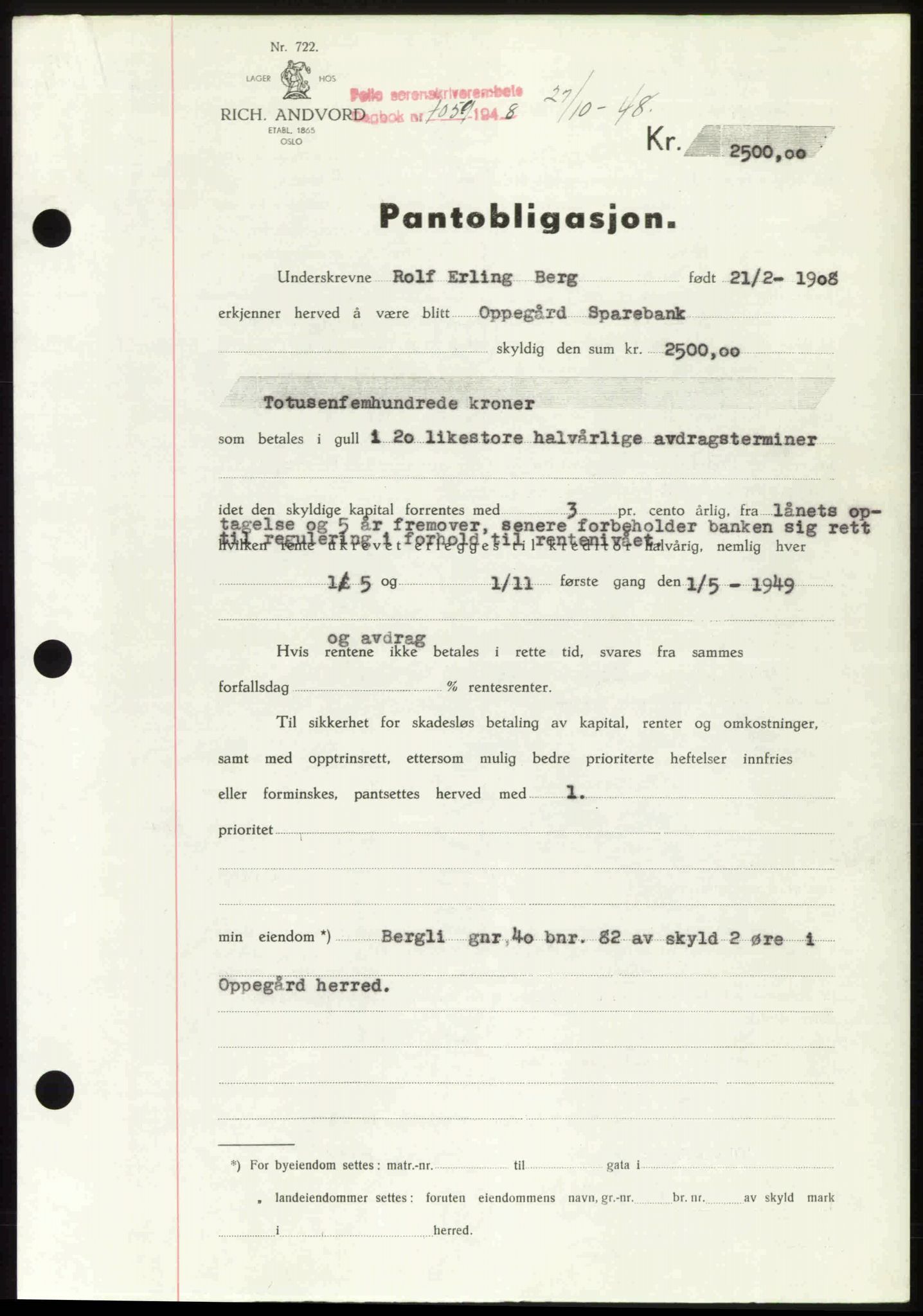 Follo sorenskriveri, SAO/A-10274/G/Ga/Gaa/L0085: Pantebok nr. I 85, 1948-1948, Dagboknr: 4059/1948