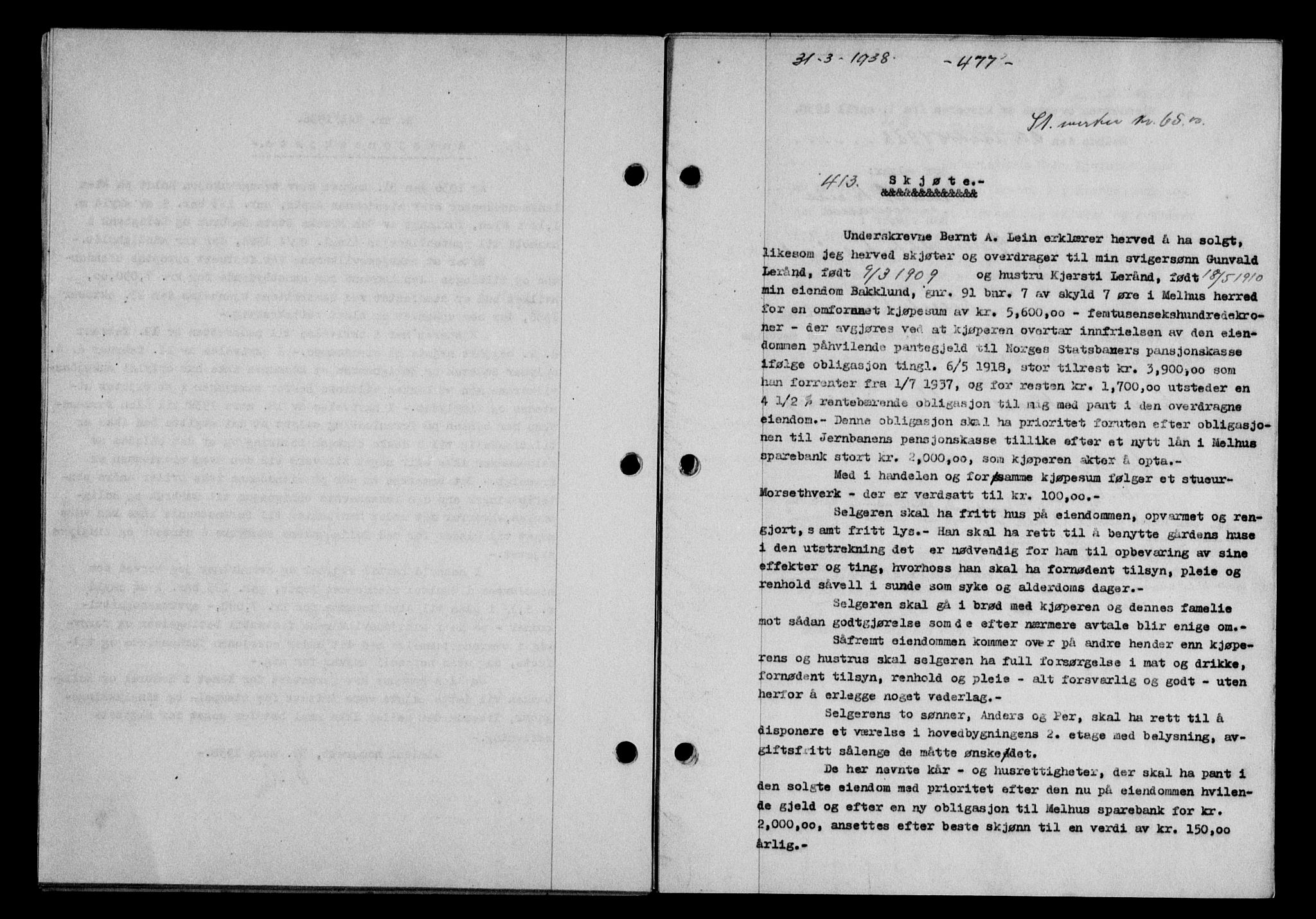 Gauldal sorenskriveri, SAT/A-0014/1/2/2C/L0048: Pantebok nr. 51-52, 1937-1938, s. 477, Dagboknr: 413/1938
