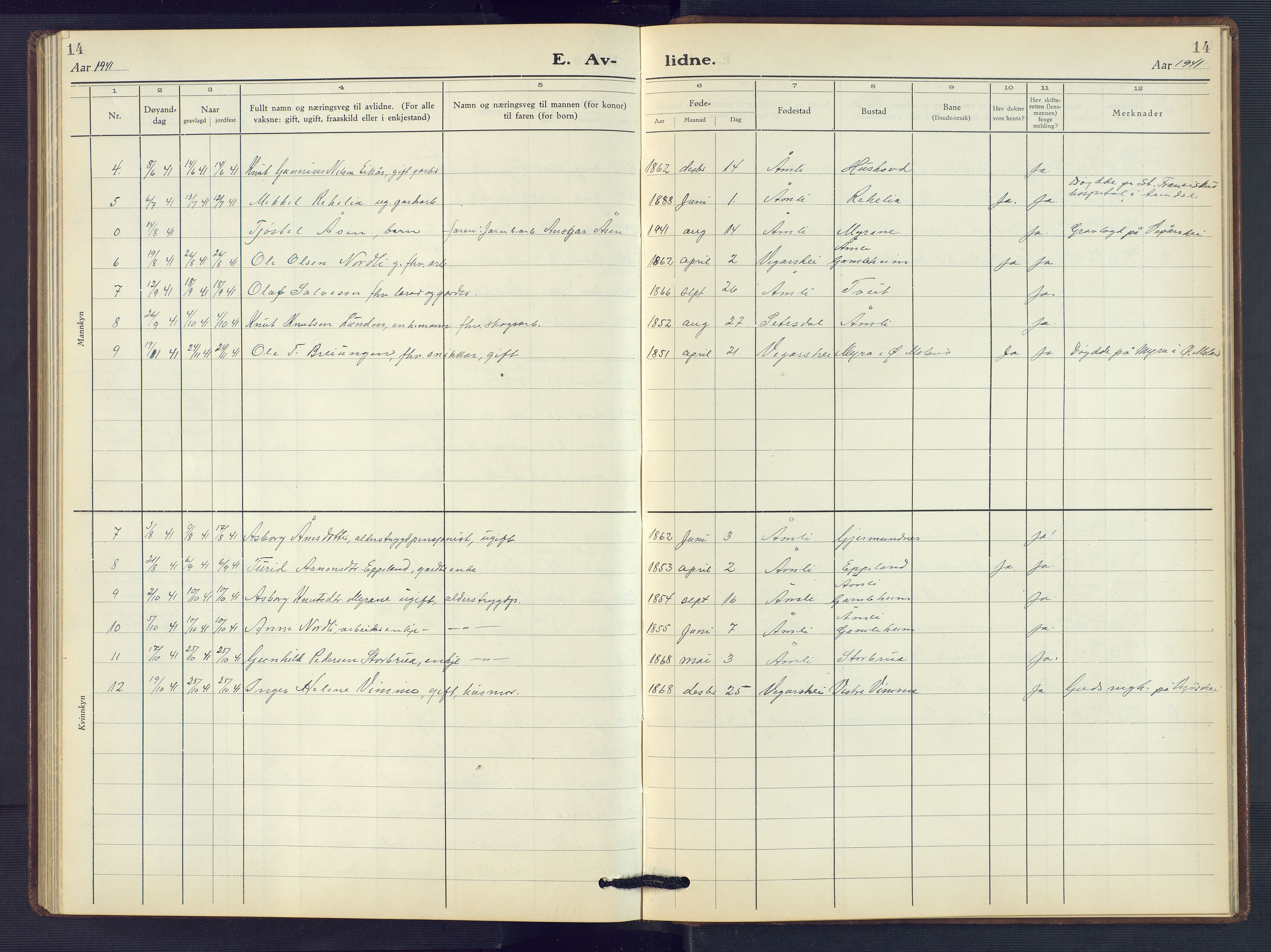 Åmli sokneprestkontor, AV/SAK-1111-0050/F/Fb/Fbc/L0007: Klokkerbok nr. B 7, 1929-1960, s. 14
