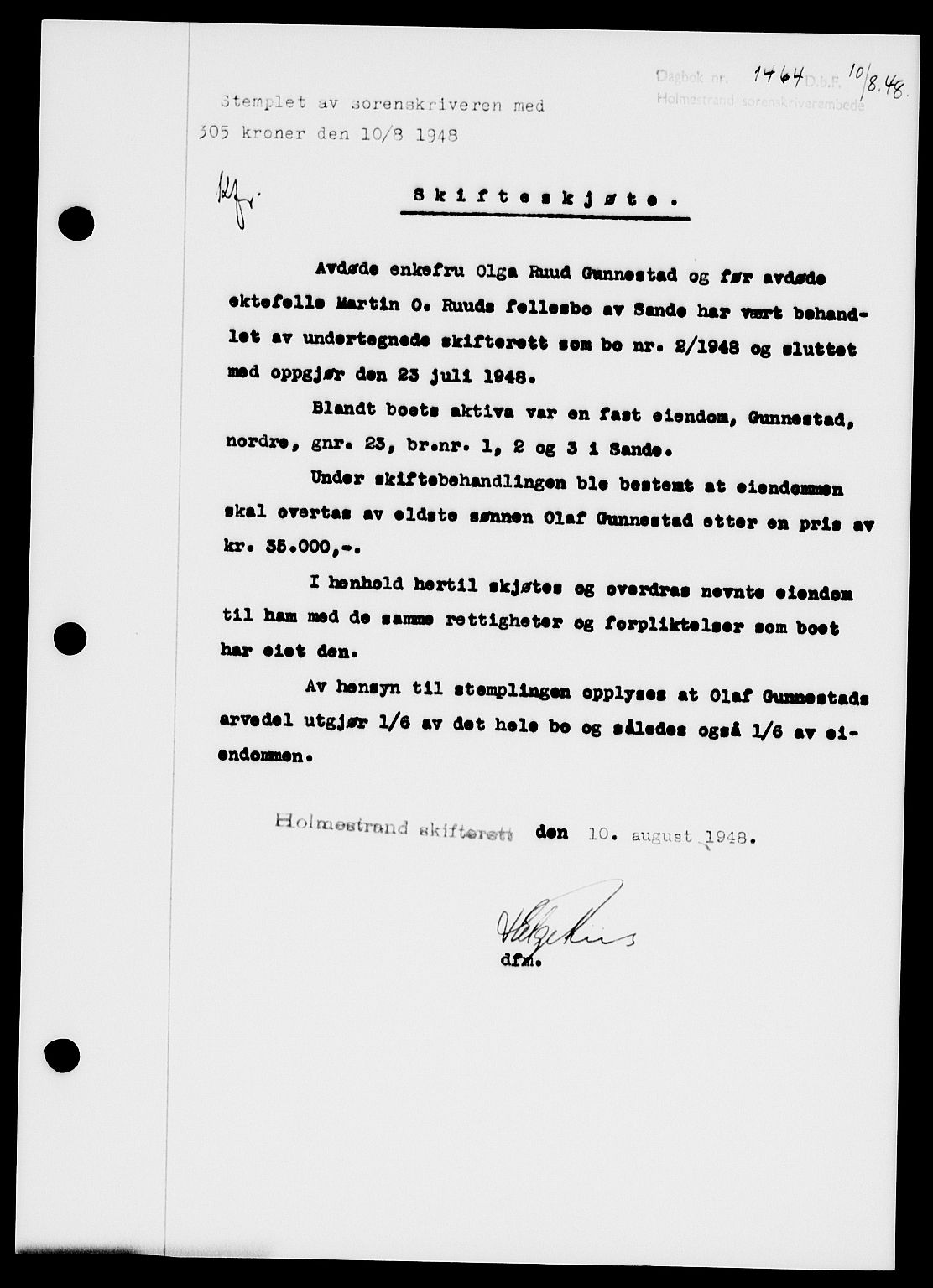 Holmestrand sorenskriveri, SAKO/A-67/G/Ga/Gaa/L0064: Pantebok nr. A-64, 1948-1948, Dagboknr: 1464/1948