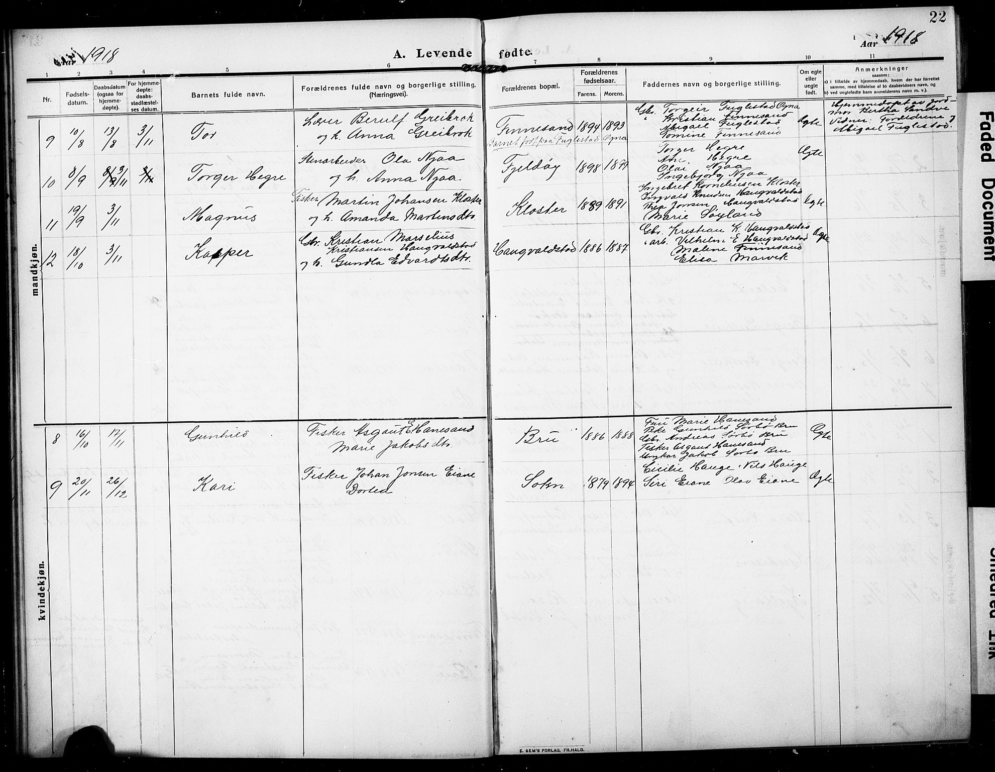 Rennesøy sokneprestkontor, AV/SAST-A -101827/H/Ha/Hab/L0013: Klokkerbok nr. B 12, 1907-1928, s. 22