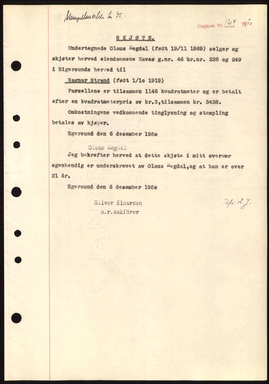 Dalane sorenskriveri, SAST/A-100309/02/G/Gb/L0055: Pantebok nr. A15, 1950-1950, Dagboknr: 1204/1950