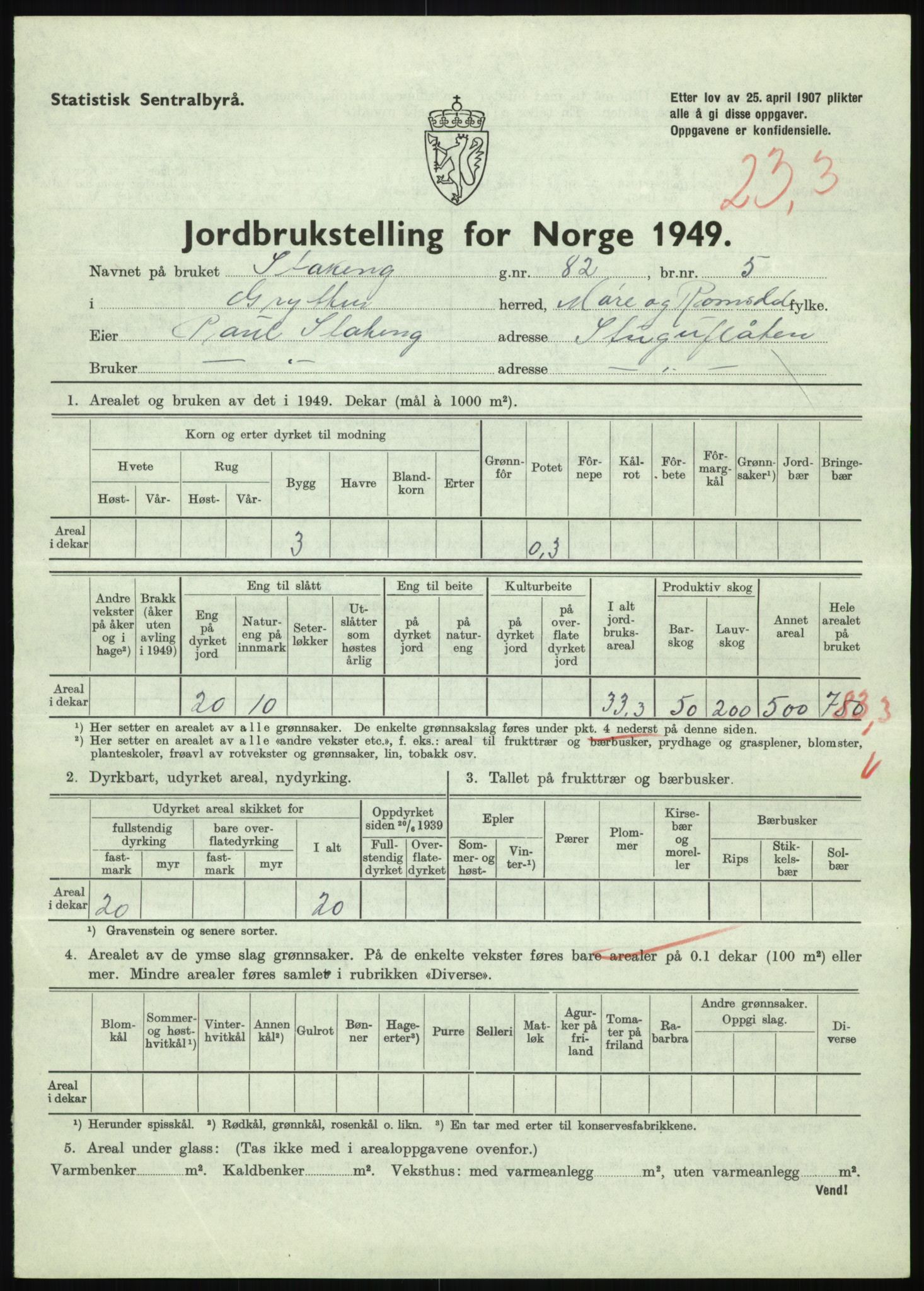 Statistisk sentralbyrå, Næringsøkonomiske emner, Jordbruk, skogbruk, jakt, fiske og fangst, AV/RA-S-2234/G/Gc/L0323: Møre og Romsdal: Grytten og Hen, 1949, s. 137