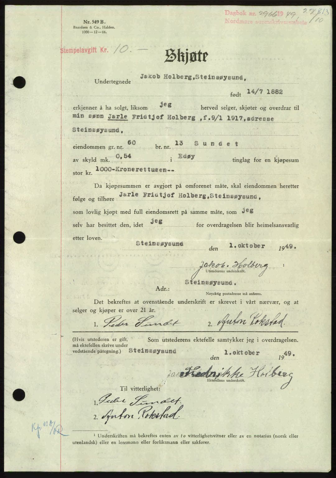 Nordmøre sorenskriveri, AV/SAT-A-4132/1/2/2Ca: Pantebok nr. A112, 1949-1949, Dagboknr: 2966/1949