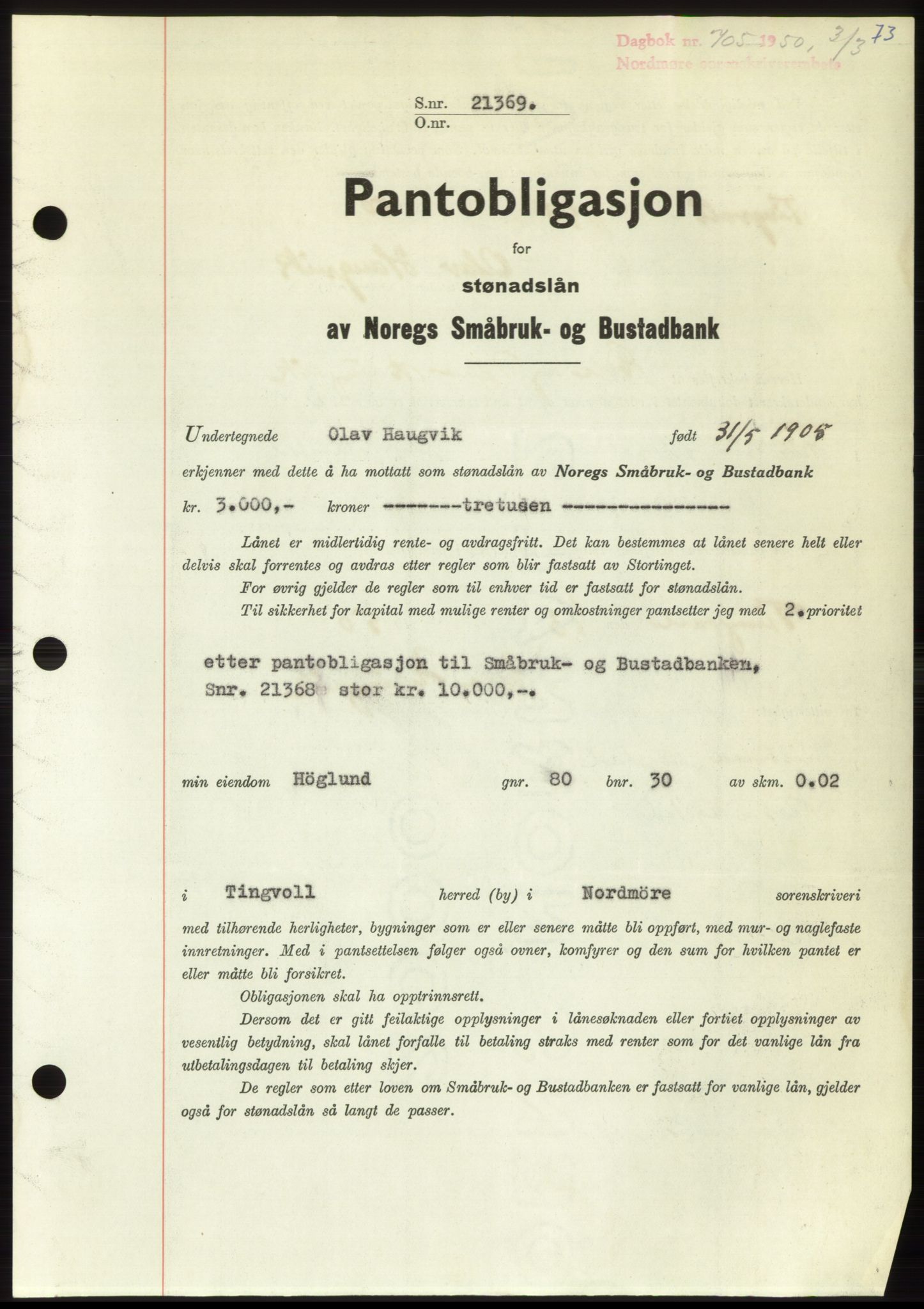 Nordmøre sorenskriveri, SAT/A-4132/1/2/2Ca: Pantebok nr. B104, 1950-1950, Dagboknr: 705/1950