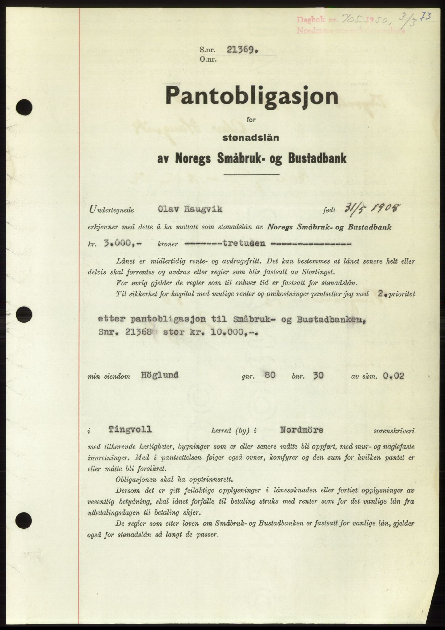 Nordmøre sorenskriveri, AV/SAT-A-4132/1/2/2Ca: Pantebok nr. B104, 1950-1950, Dagboknr: 705/1950