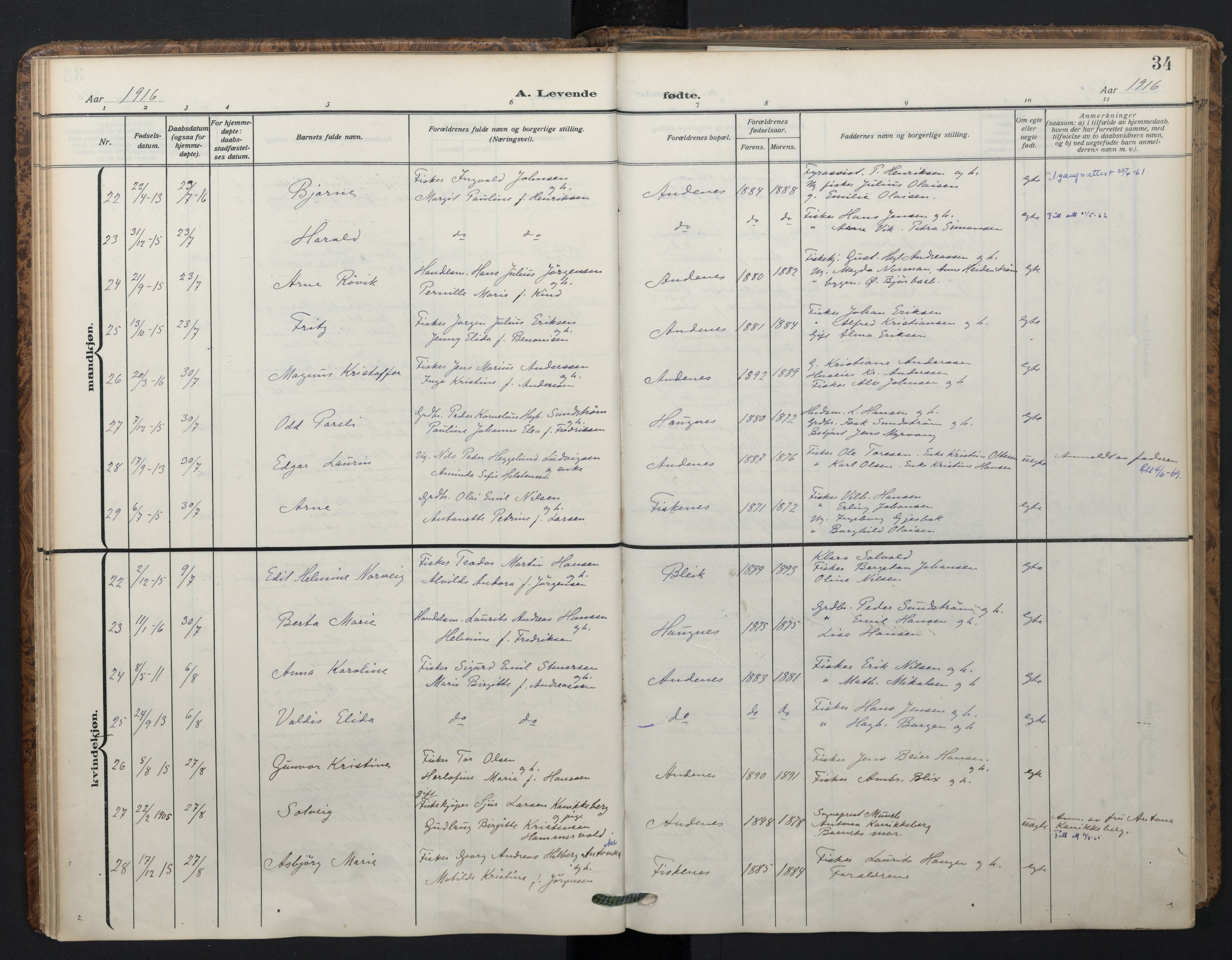 Ministerialprotokoller, klokkerbøker og fødselsregistre - Nordland, AV/SAT-A-1459/899/L1438: Ministerialbok nr. 899A06, 1909-1922, s. 34
